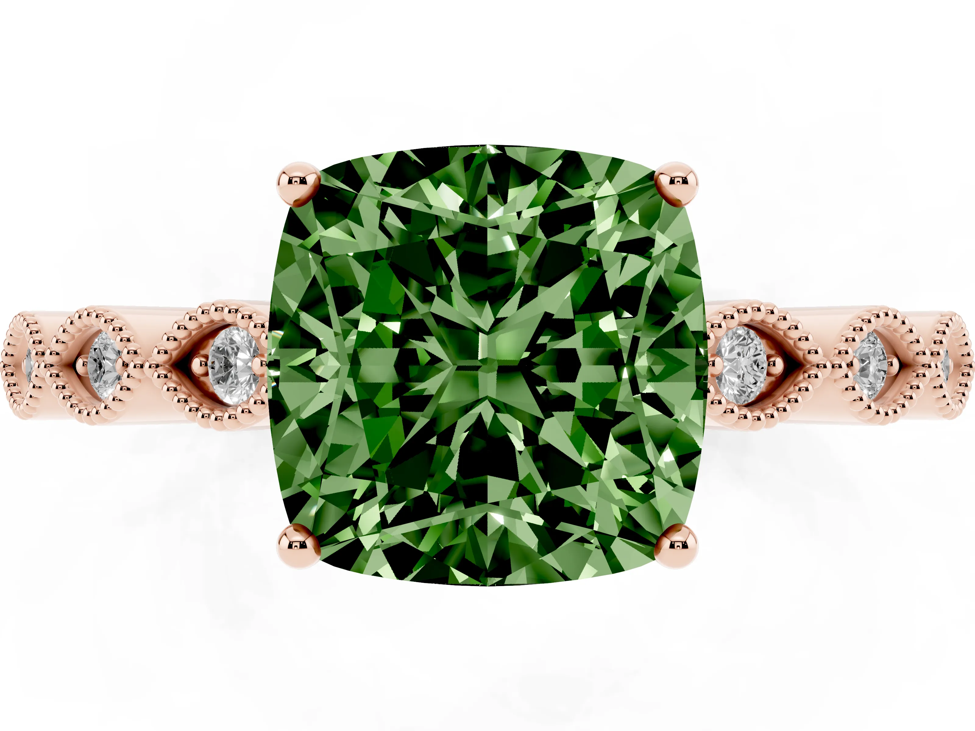 Fancy Green Cushion Cut Diamond Solitaire Ring Set in Rose gold with Infinity Twist Pavé Band