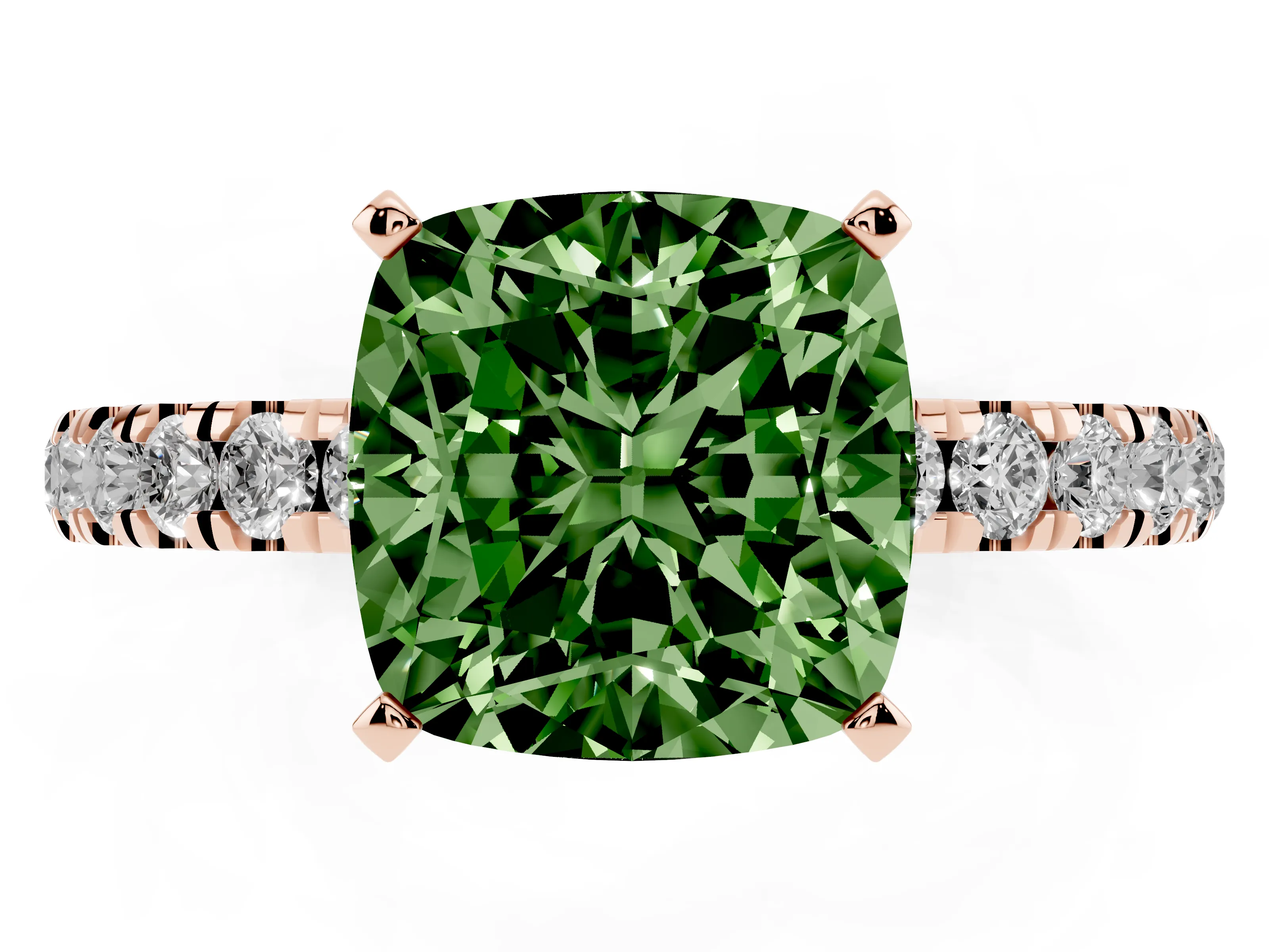 Fancy Green Cushion Cut Diamond Solitaire Ring Set in Rose gold with Pavé Accents and Prong Setting