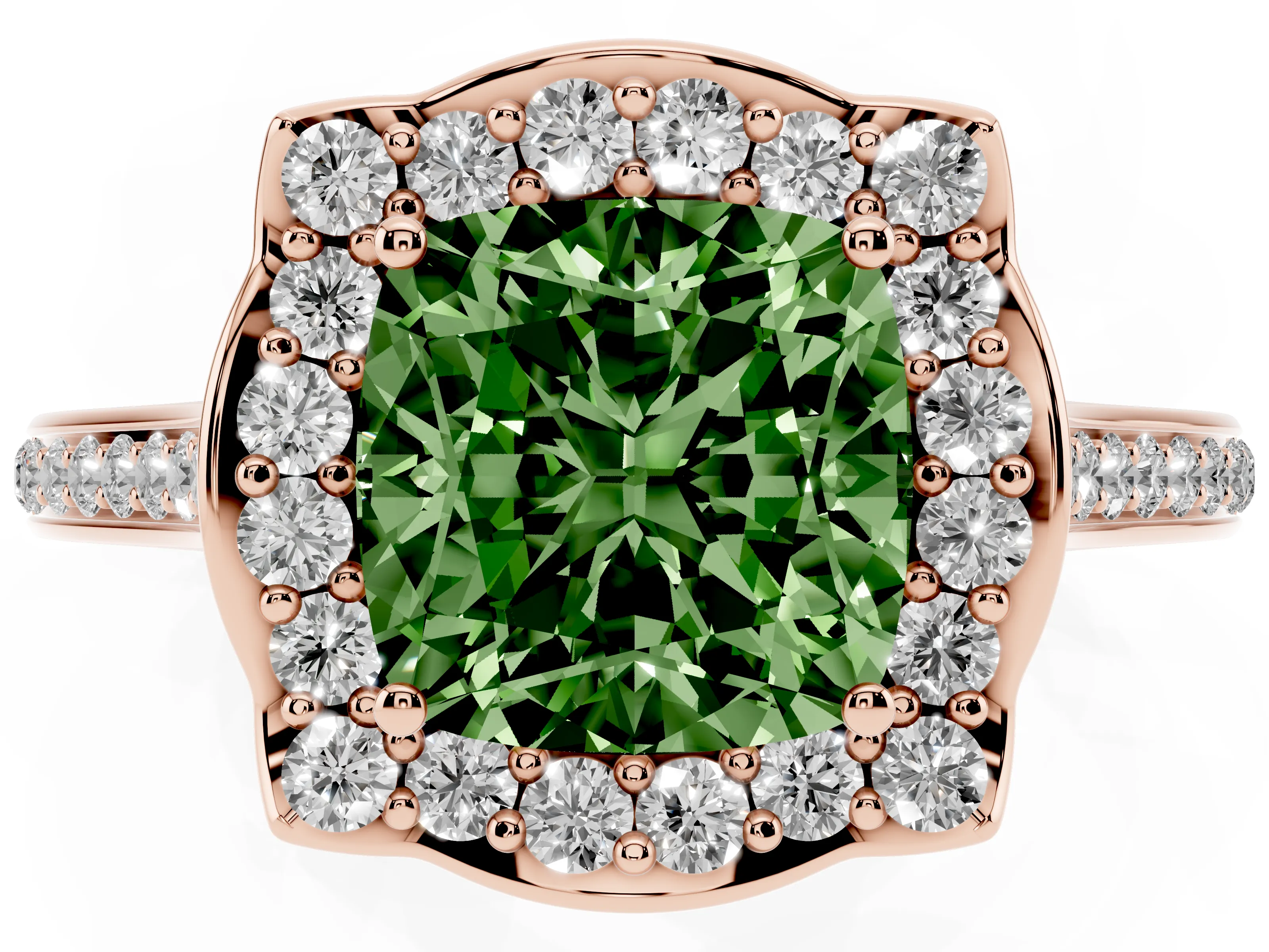 Fancy Green Cushion Cut Diamond Halo Ring Set in Rose gold with Pavé-Lined Shoulders and Prong Setting