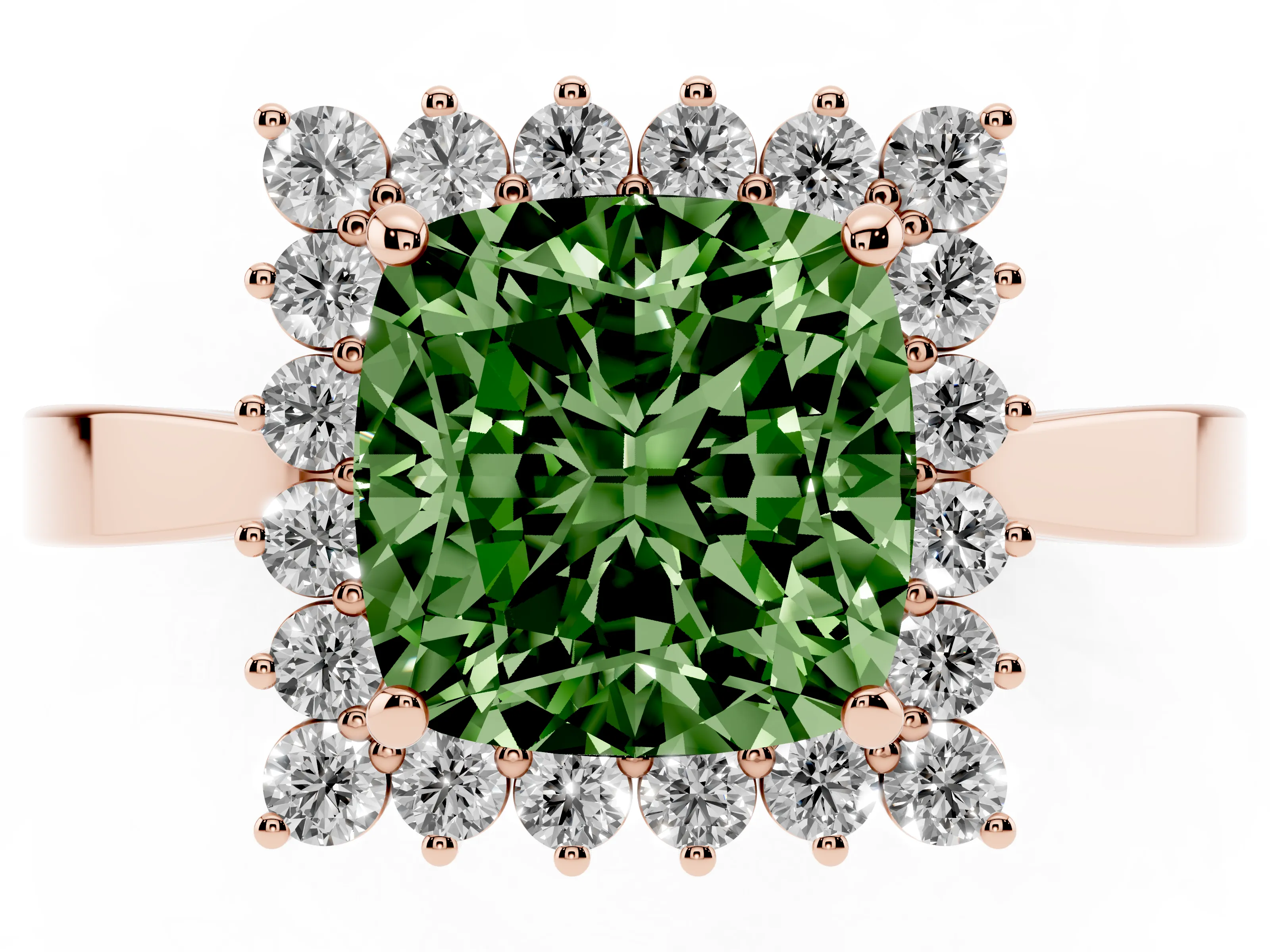Fancy Green Cushion Cut Diamond Halo Ring Set in Rose gold with Round Halo and Smooth Solitaire Band