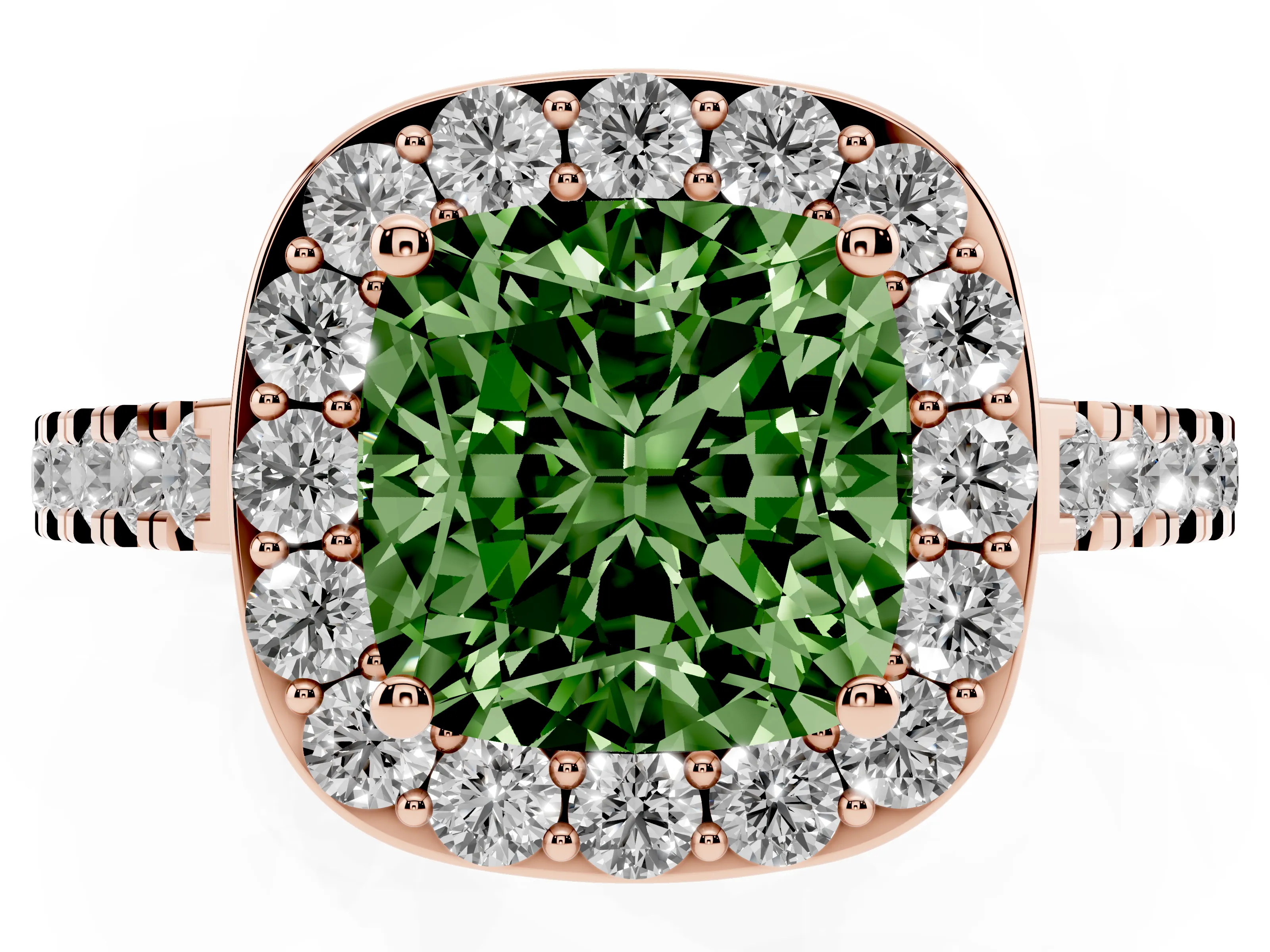 Fancy Green Cushion Cut Diamond Halo Ring Set in Rose gold with Round Pavé Split Shank and Prong Setting