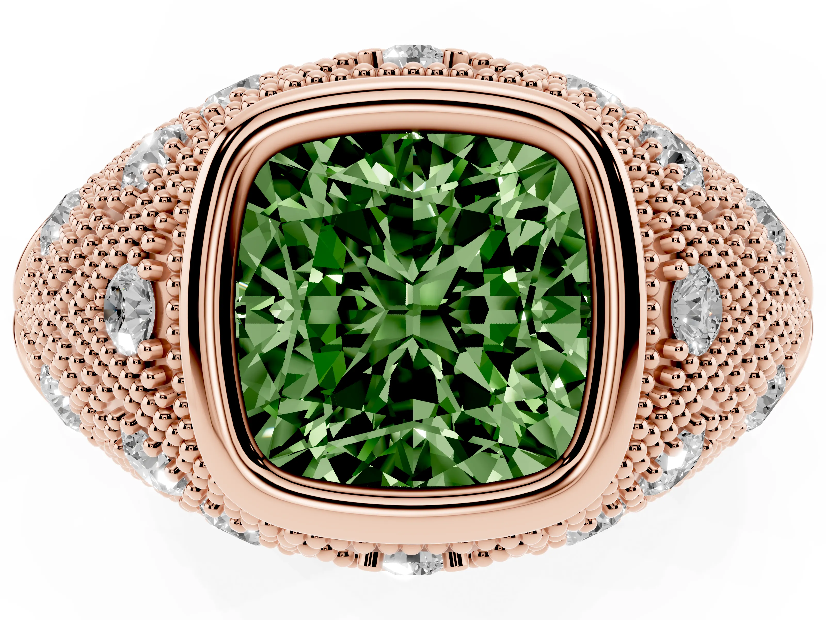 Fancy Green Cushion Cut Diamond Bezel Ring Set in Rose gold with Milgrain Accent Band