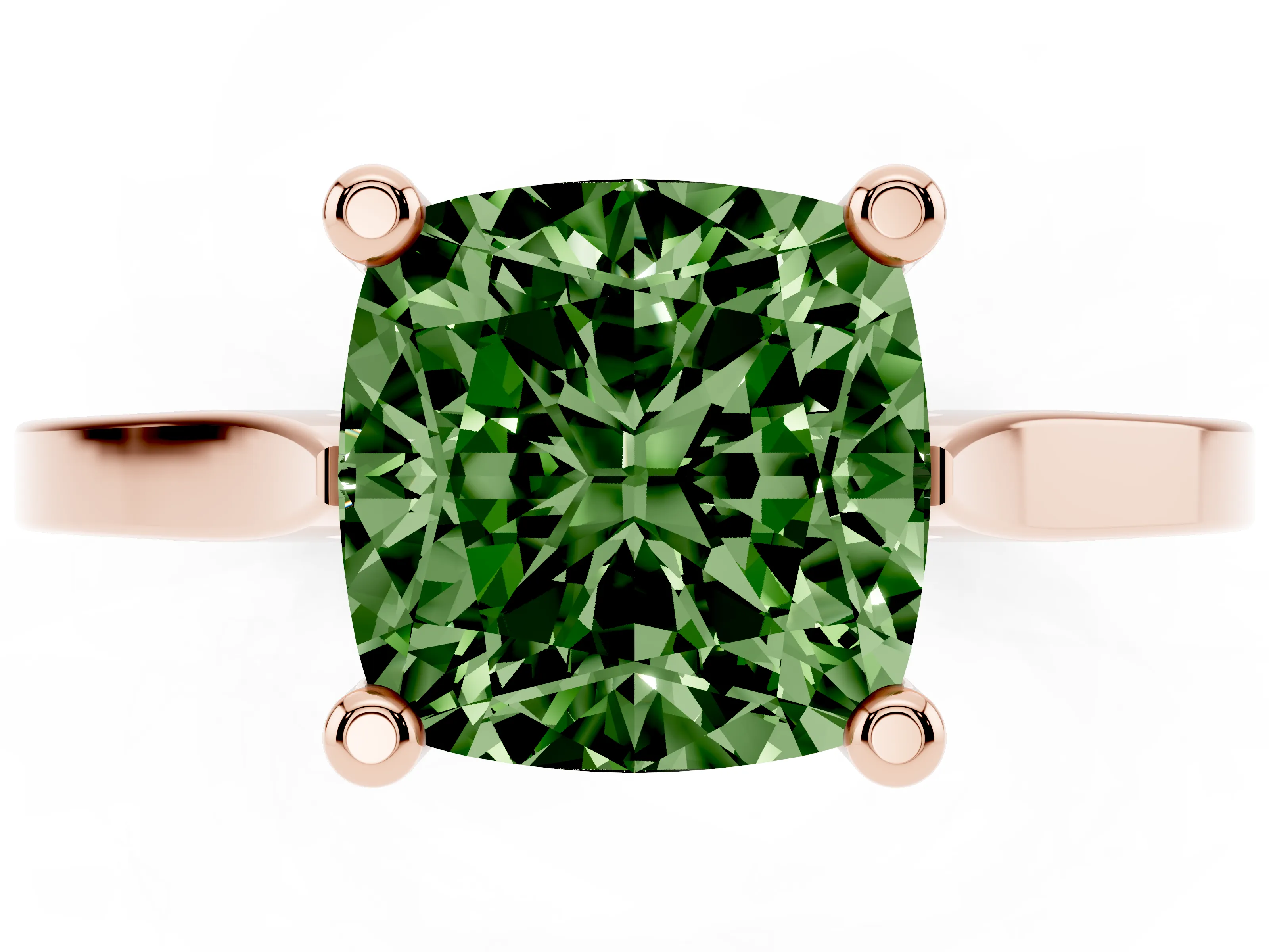 Fancy Green Cushion Cut Diamond Solitaire Ring Set in Rose gold with Prong Setting and Tapered Band