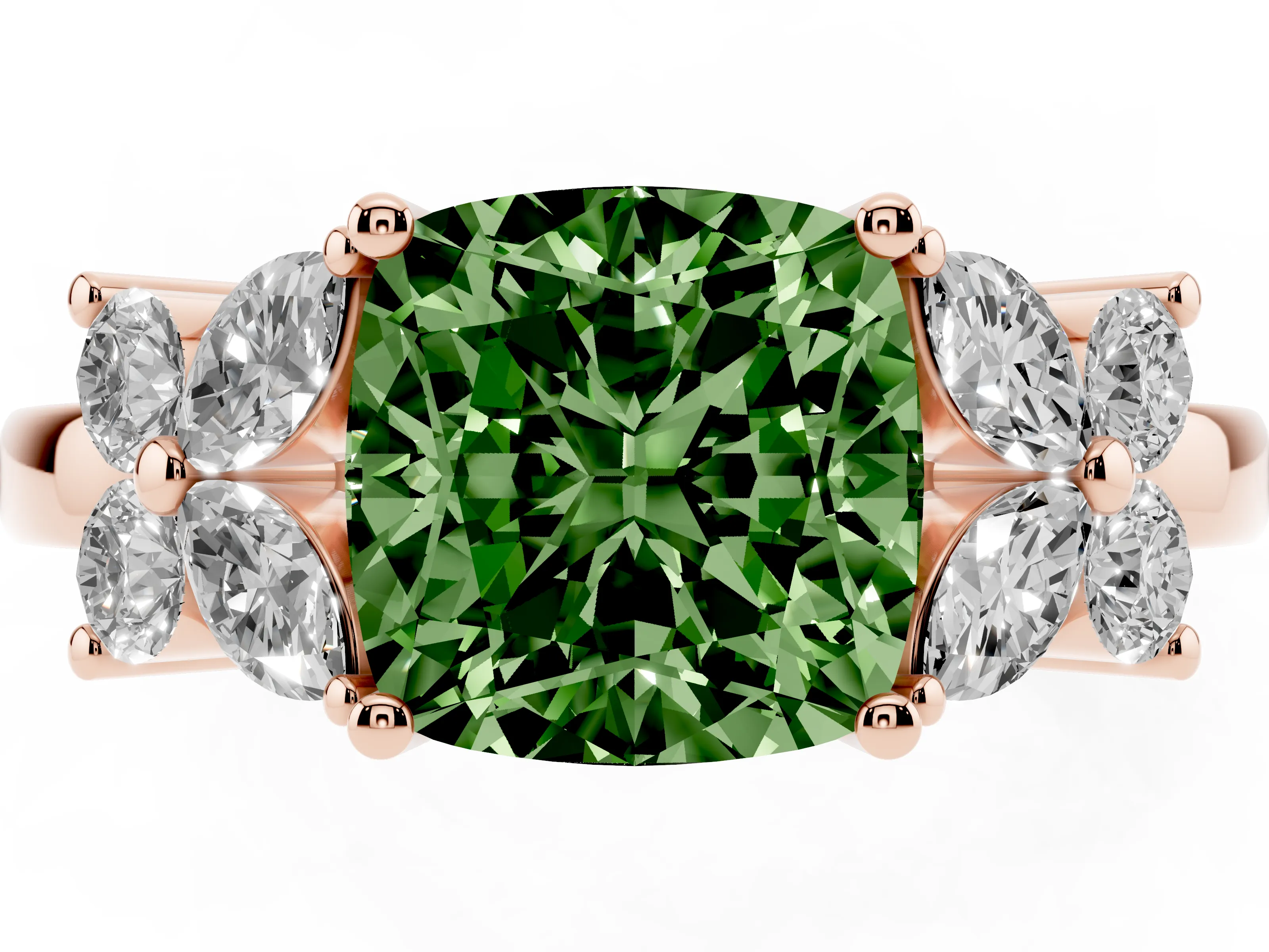Fancy Green Cushion Cut Diamond Floral Cluster Ring Set in Rose gold with Marquise Petals and Prong Setting