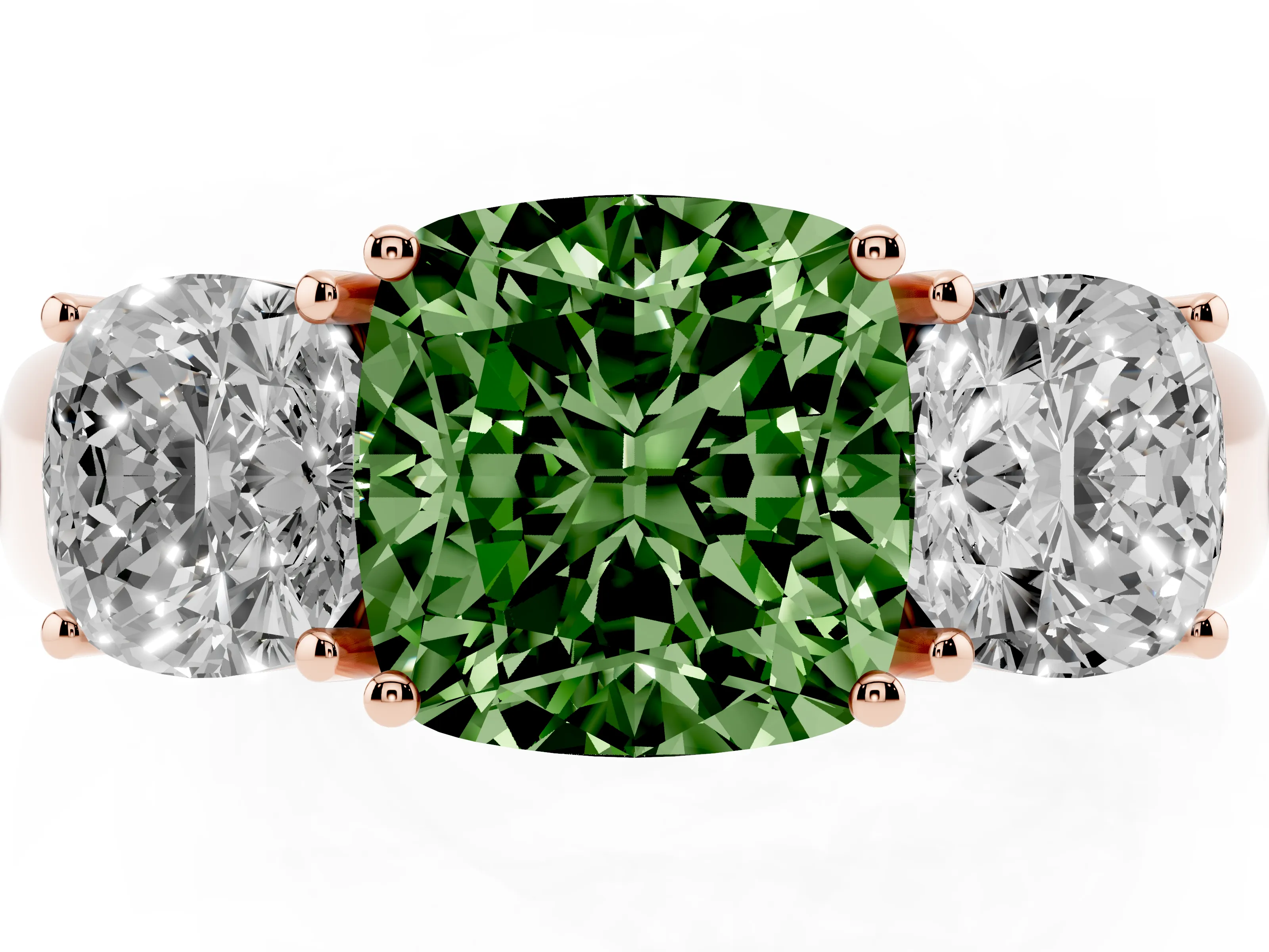Fancy Green Three-Stone Cushion Cut Diamond Ring Set in Rose gold with Matching Prong Settings and Plain Band