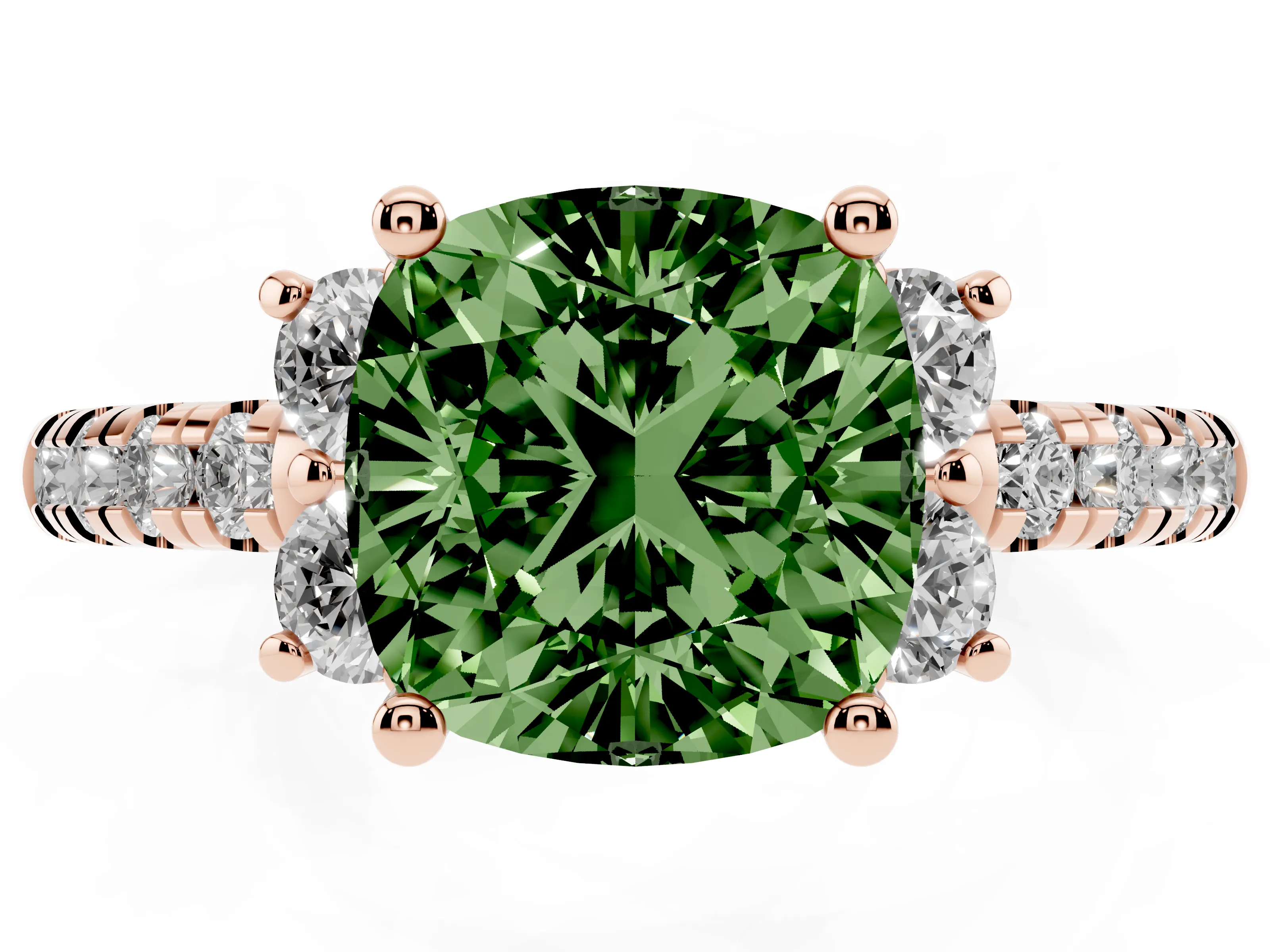 Fancy Green Cushion Cut Diamond Three-Stone Pavé Ring Set in Rose gold with Prong Setting
