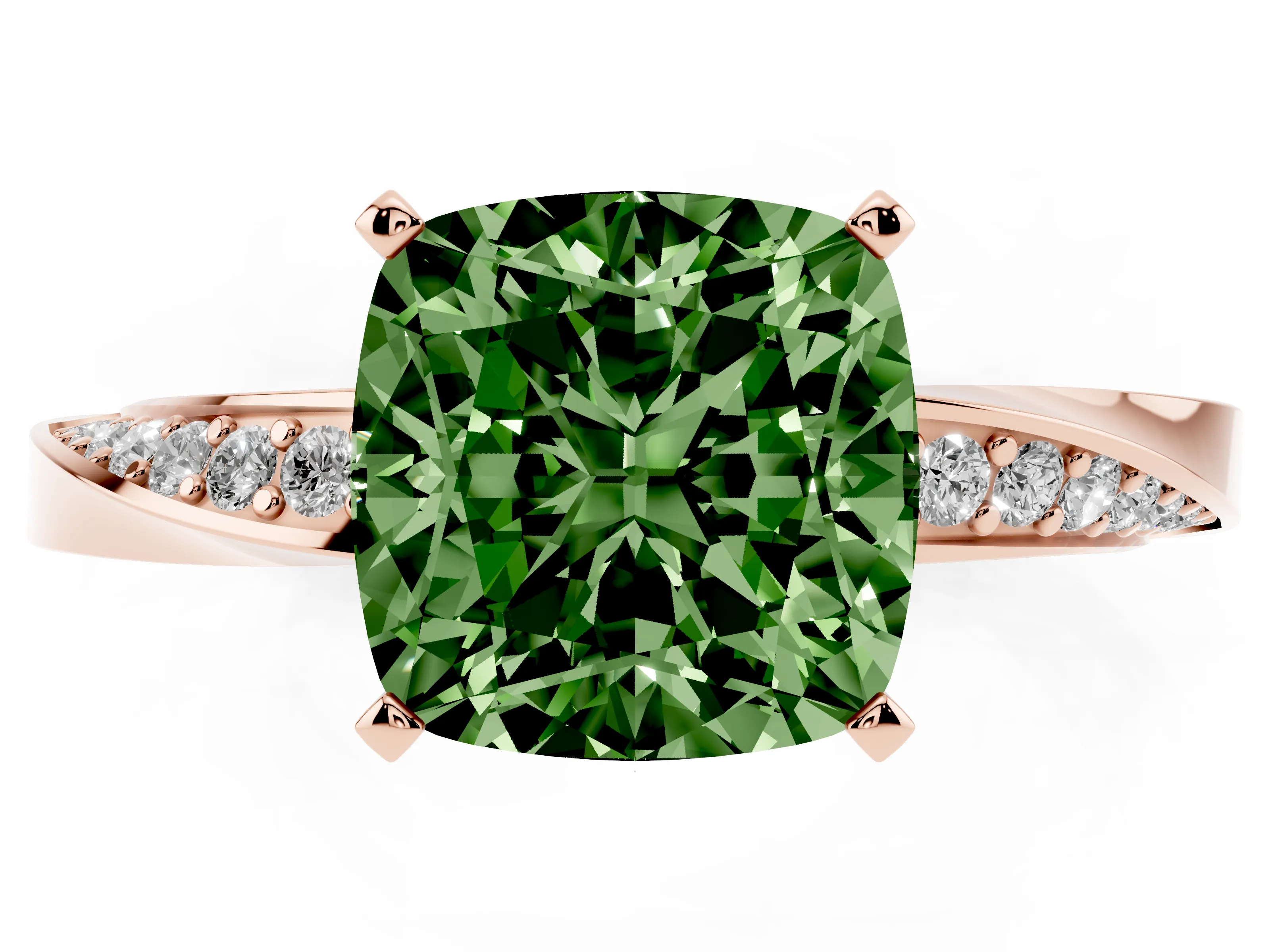 Fancy Green Cushion Cut Diamond Engagement Ring Set in Rose gold with Side Stone Accents and Prong Setting
