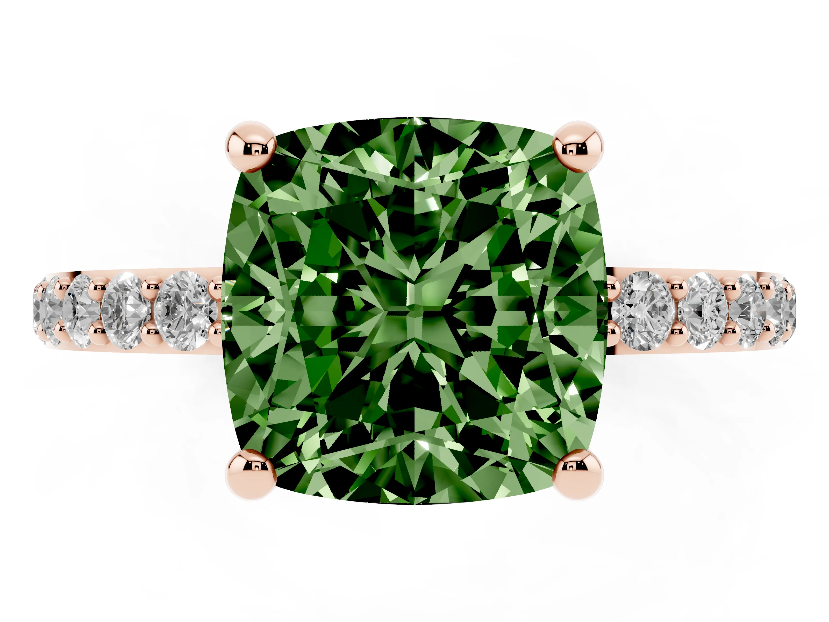 Fancy Green Cushion Cut Diamond Solitaire Ring Set in Rose gold with Round Pavé Band and Prong Setting
