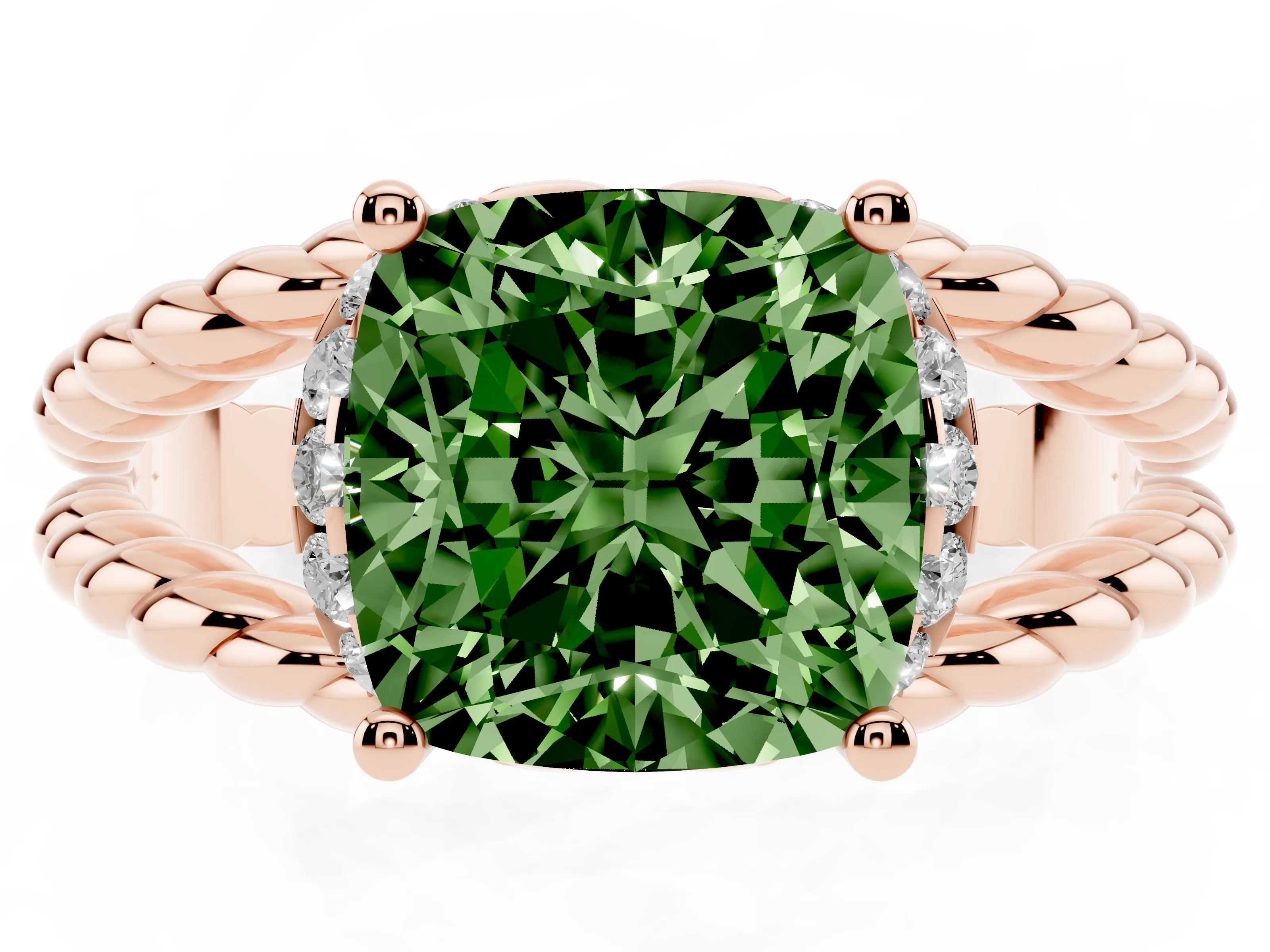 Fancy Green Cushion Cut Diamond Halo Ring Set in Rose gold with Twisted Band and Prong Setting