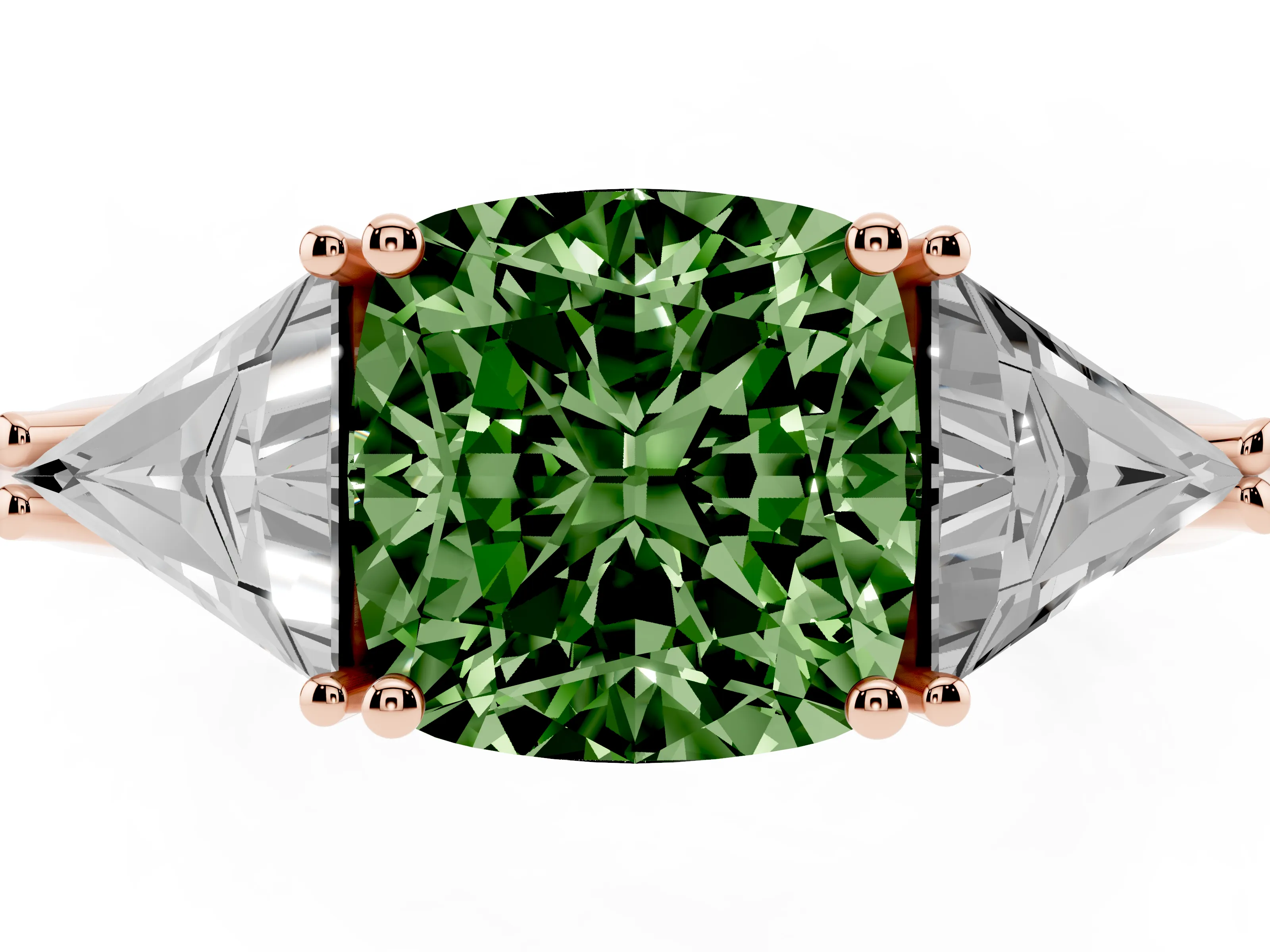 Fancy Green Cushion Cut Diamond Three-Stone Engagement Ring Set in Rose gold with Trillion Side Stones