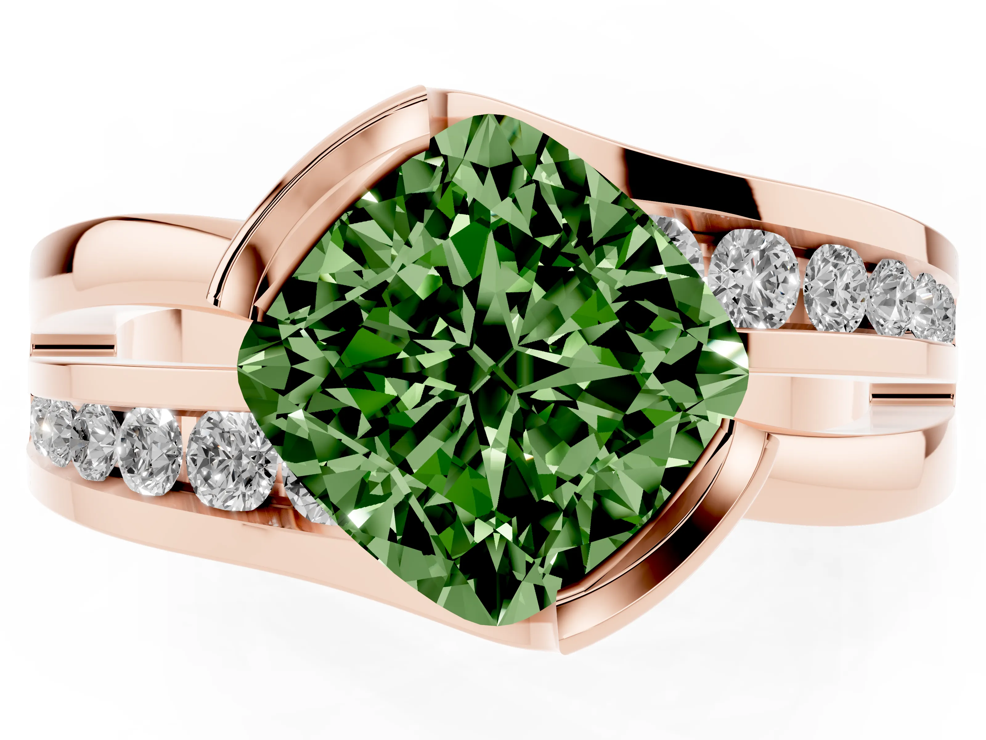 Fancy Green Cushion Cut Diamond Solitaire Ring Set in Rose gold with Channel Set Split Shank and Tension Prongs
