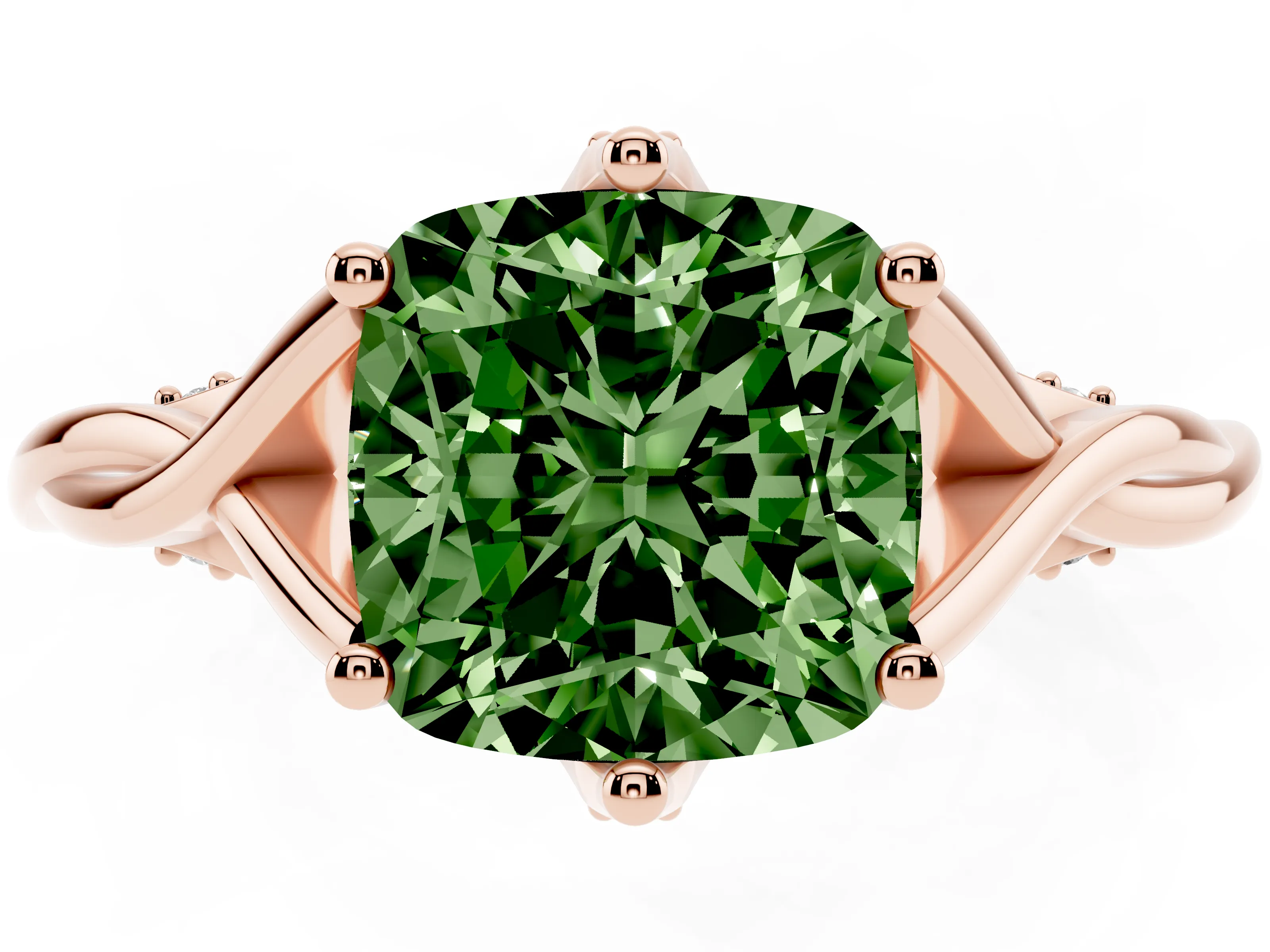 Fancy Green Cushion Cut Diamond Intertwined Twist Band Solitaire Ring Set in Rose gold with Prong Setting