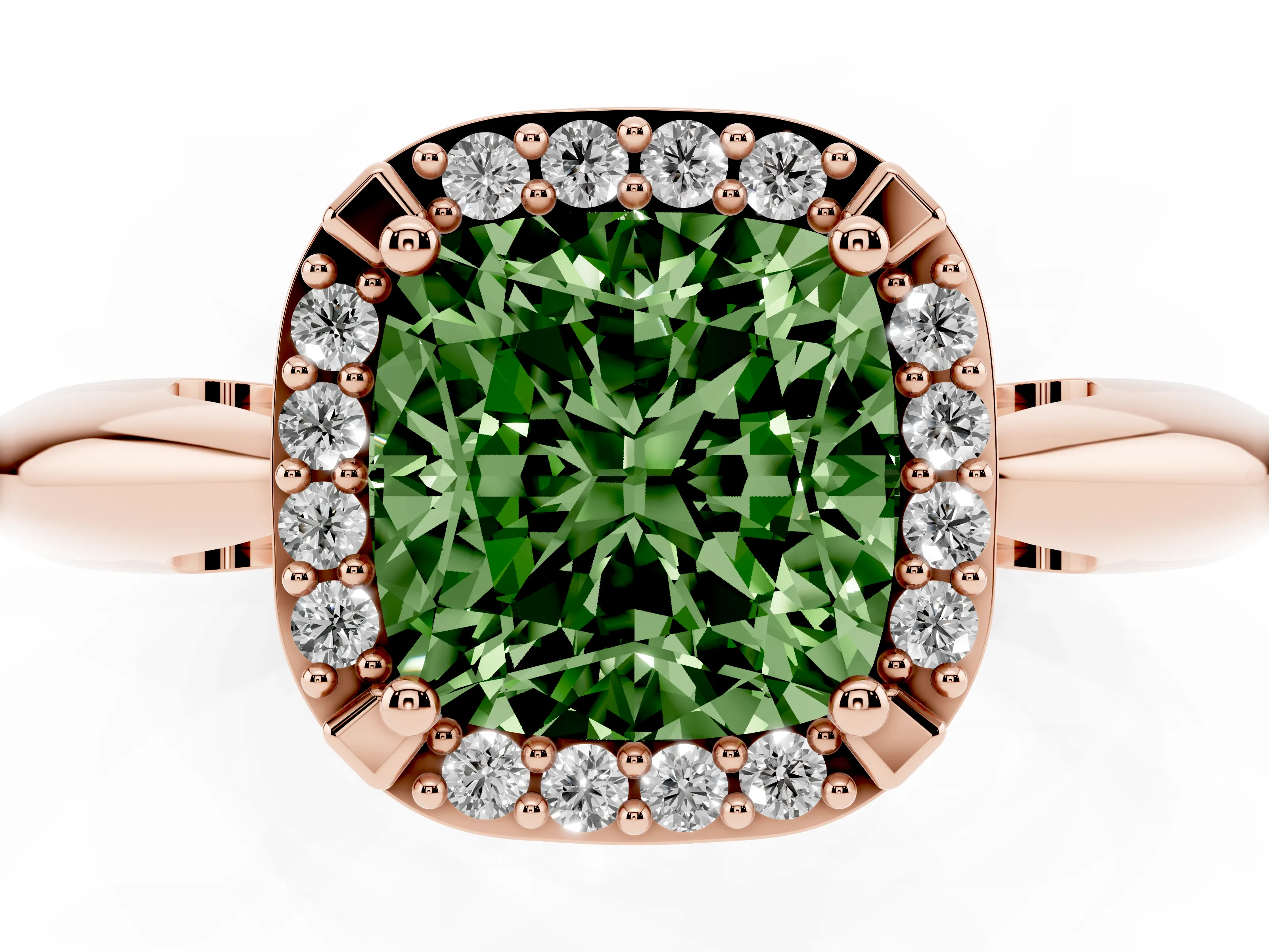 Fancy Green Cushion Cut Diamond Halo Engagement Ring Set in Rose gold with Plain Split Shank and Prong Setting