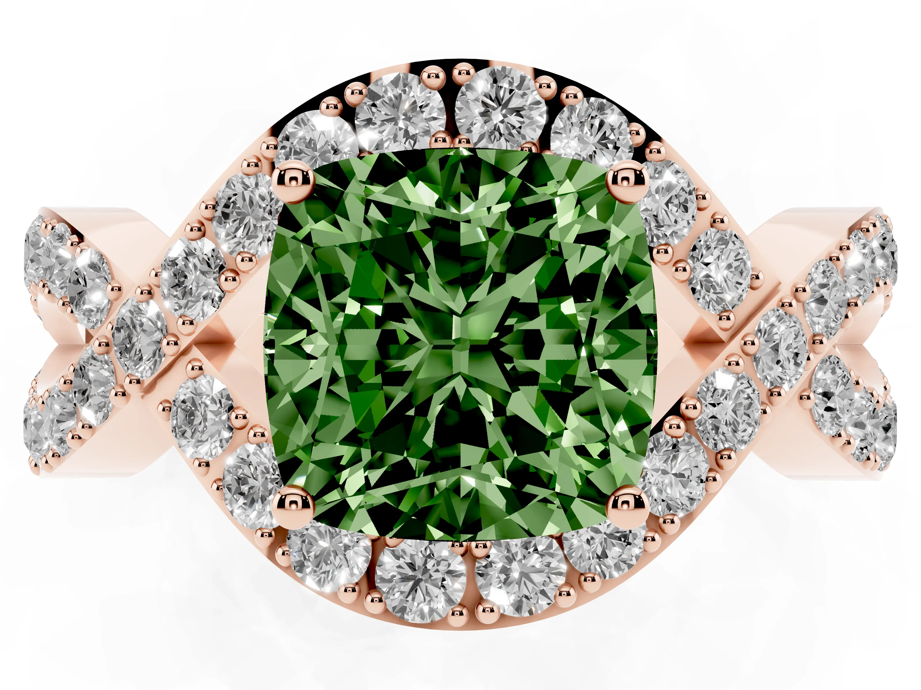 Fancy Green Cushion Cut Diamond Solitaire Twist Band Pavé Engagement Ring Set in Rose gold