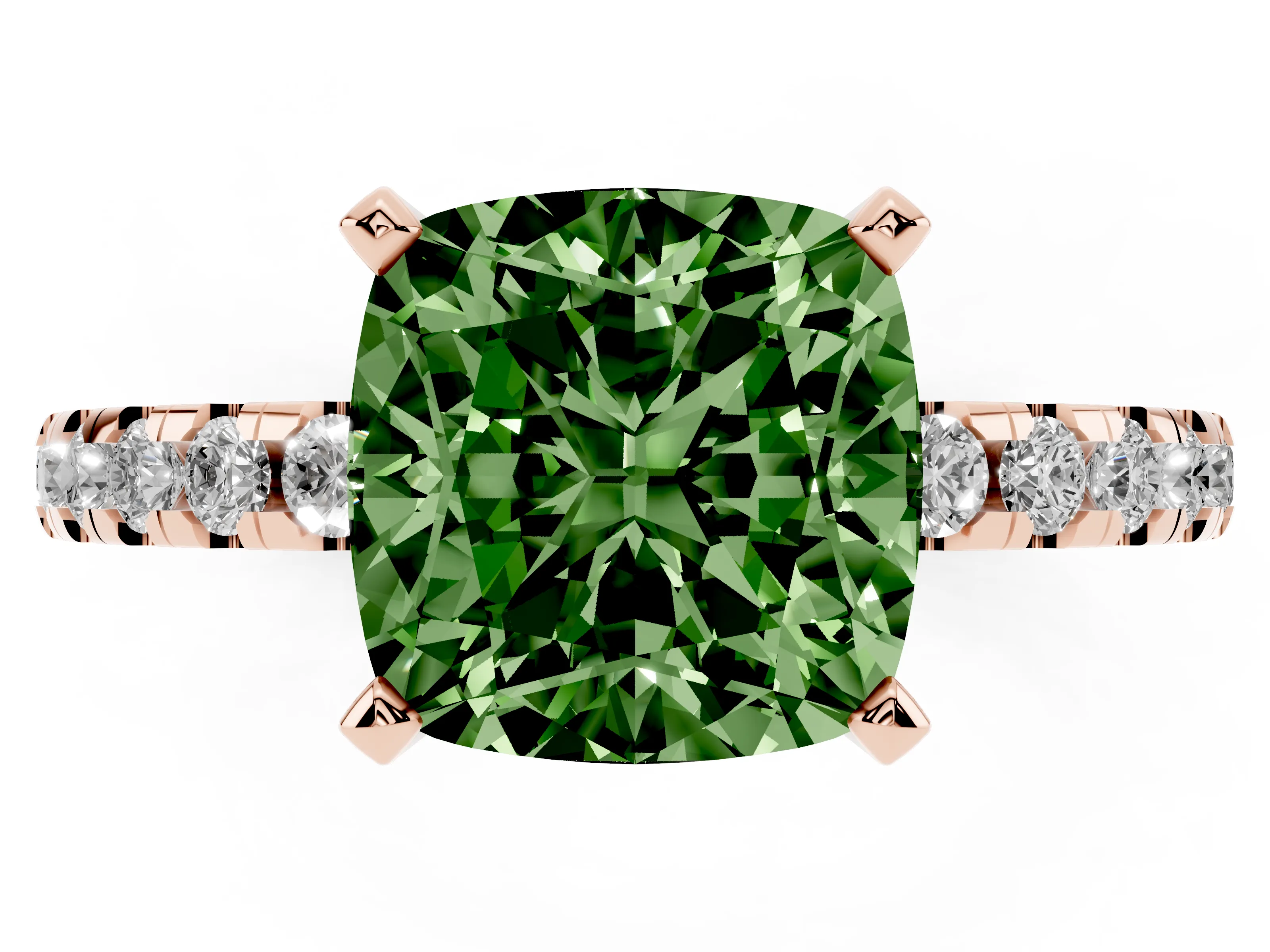 Fancy Green Cushion Cut Diamond Pavé Solitaire Ring Set in Rose gold with Round Band Accents and Prong Setting