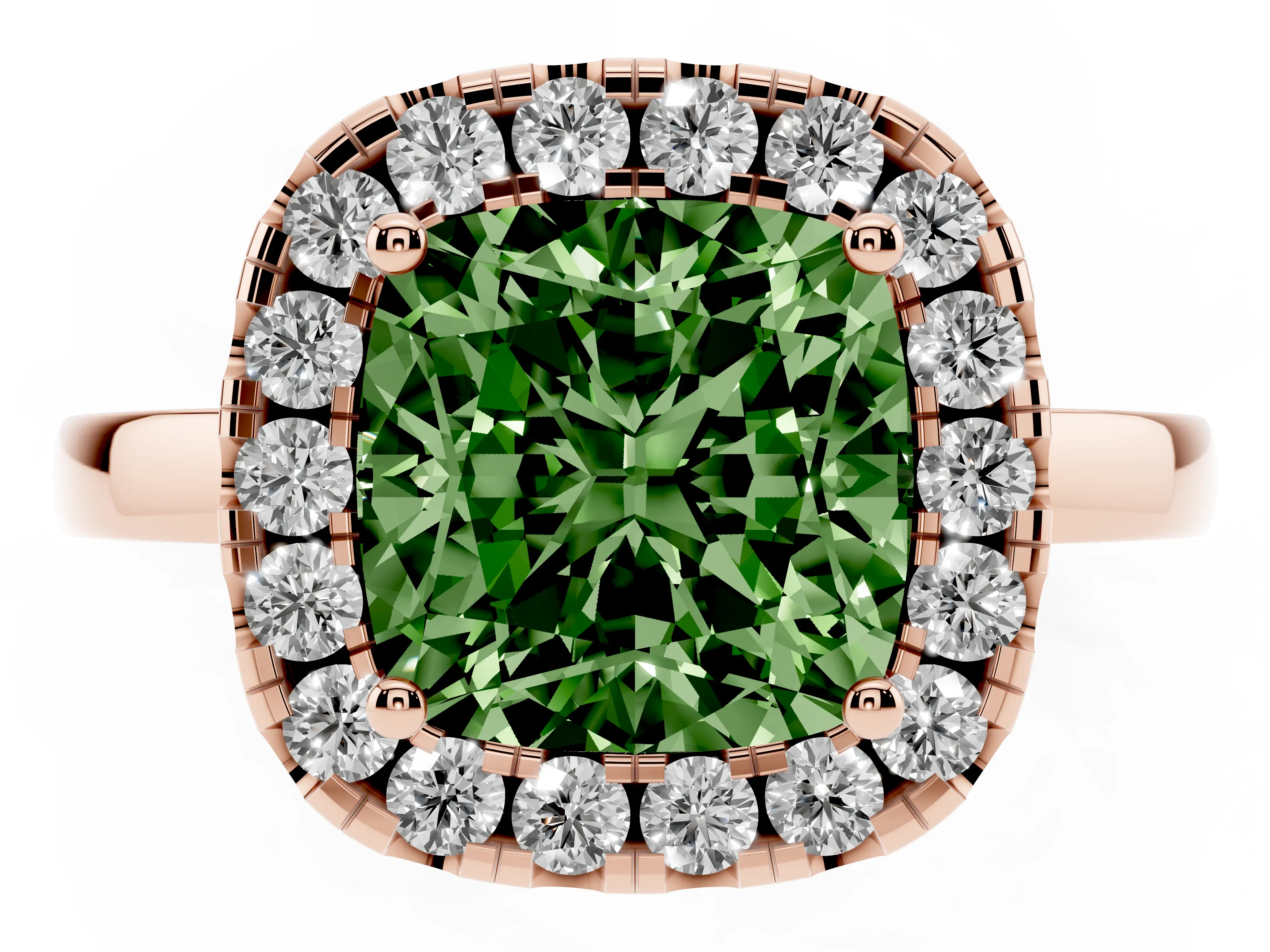 Fancy Green Cushion Cut Diamond Halo Solitaire Ring Set in Rose gold with Pavé Band and Prong Setting