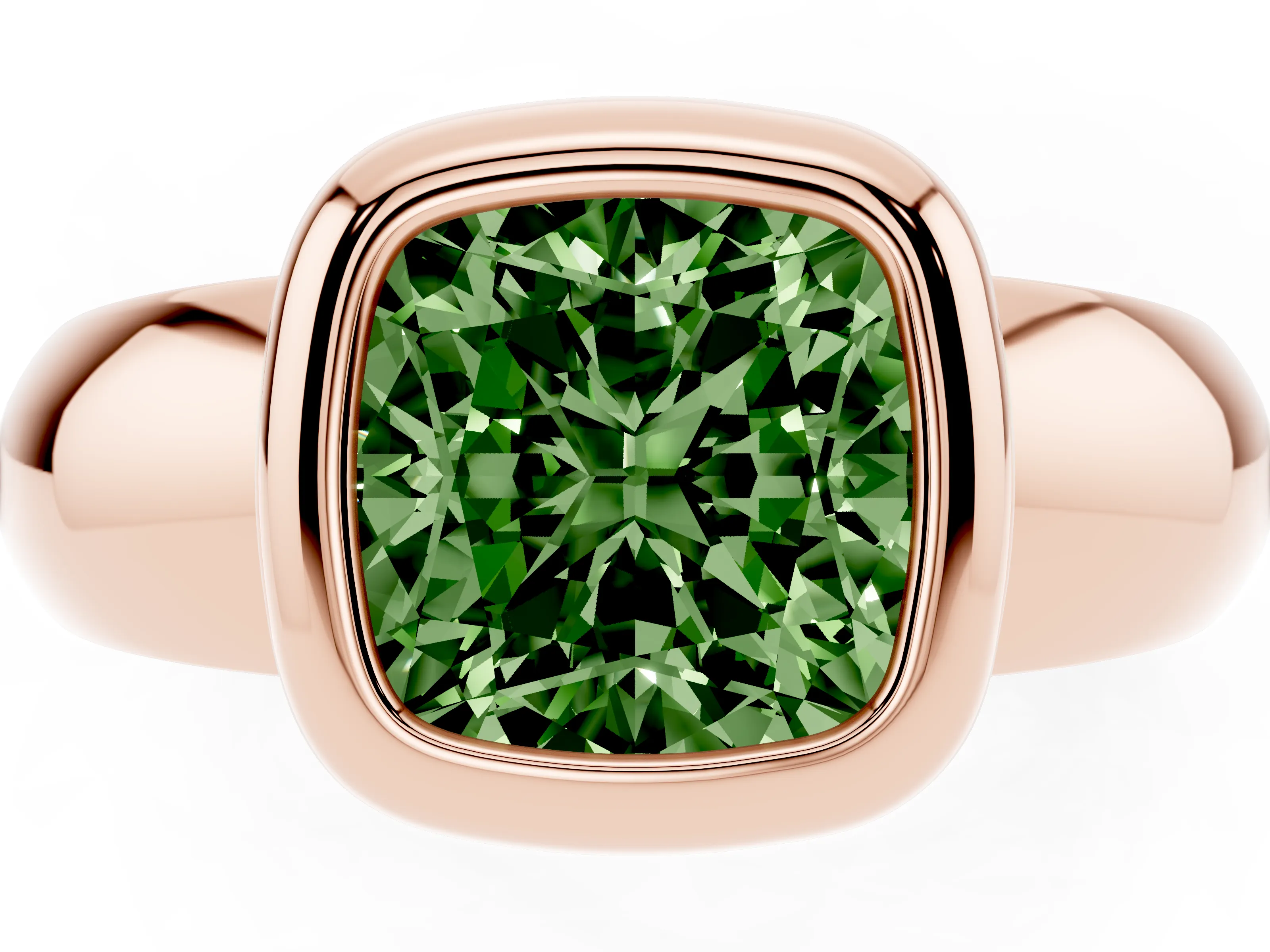 Fancy Green Bezel Set Cushion Cut Diamond Solitaire Ring Set in Rose gold with Wide Band