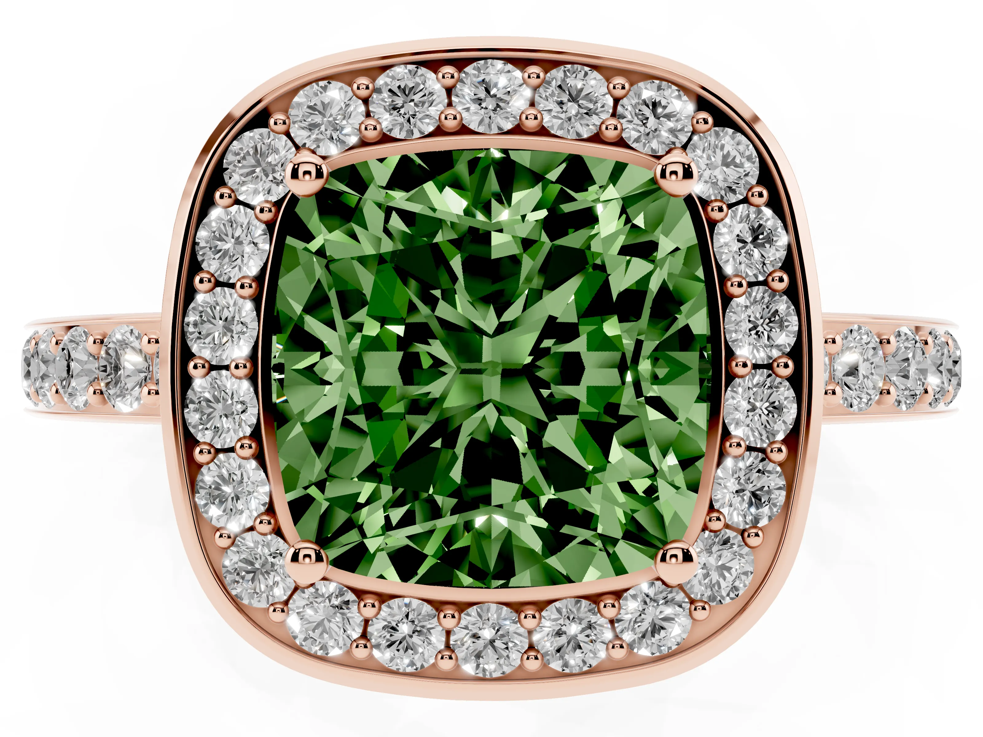 Fancy Green Cushion Cut Diamond Halo Ring Set in Rose gold with Bezel Frame and Pavé Band