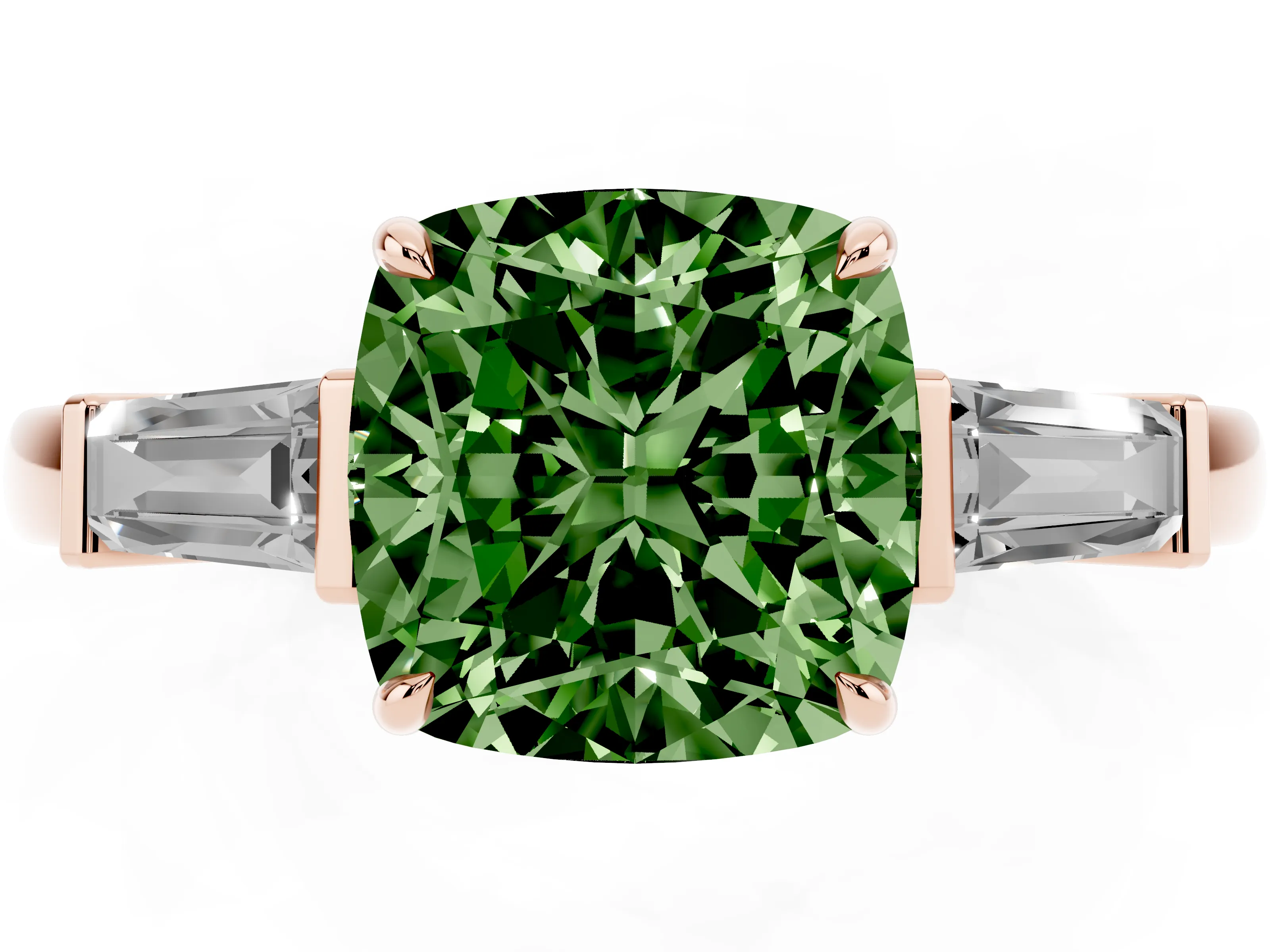 Fancy Green Cushion Cut Diamond Three-Stone Ring Set in Rose gold with Tapered Baguette Side Stones and Prong Setting