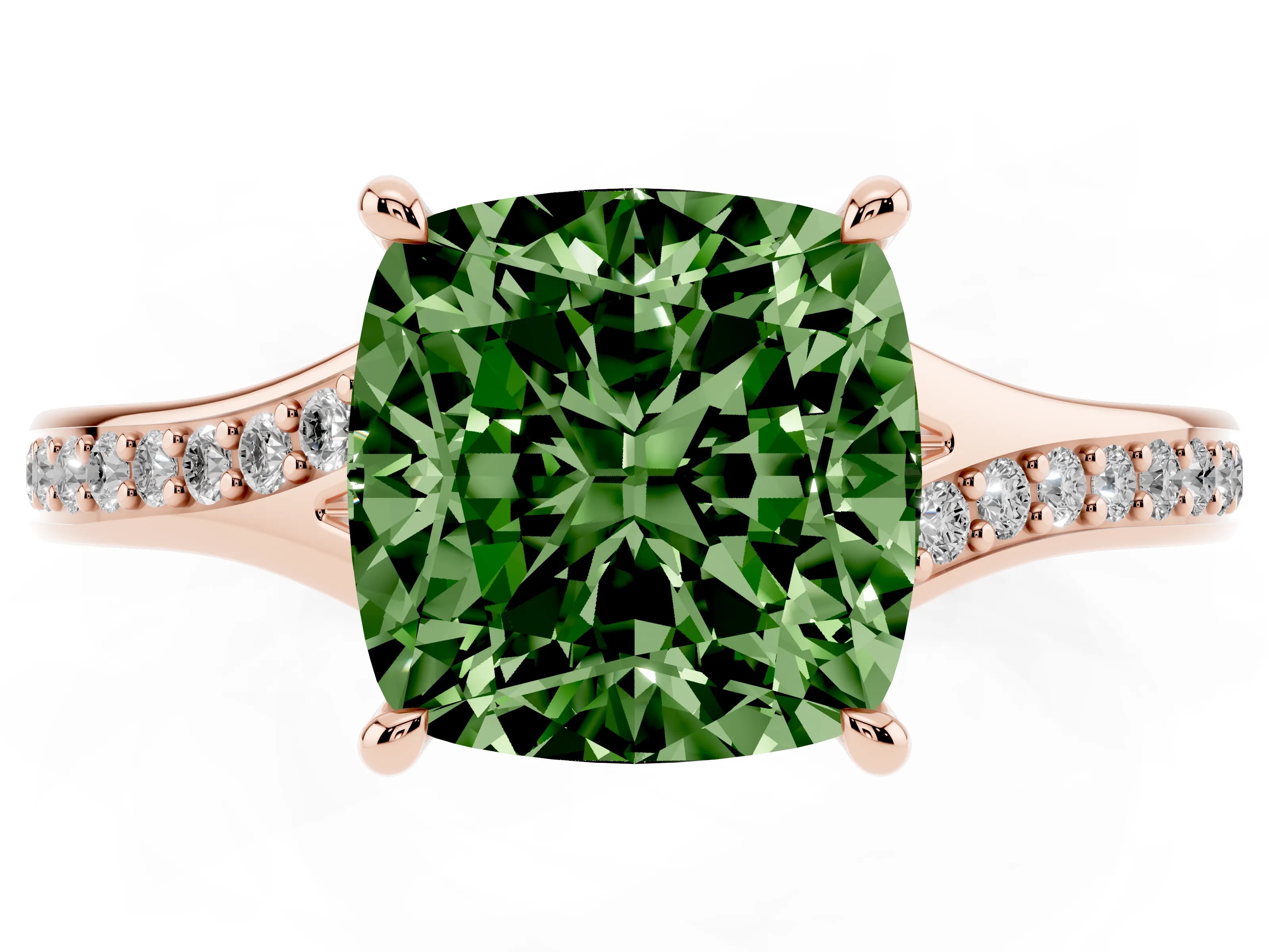 Fancy Green Cushion Cut Diamond Solitaire Ring Set in Rose gold with Pavé Accent Band and Classic Prong Setting