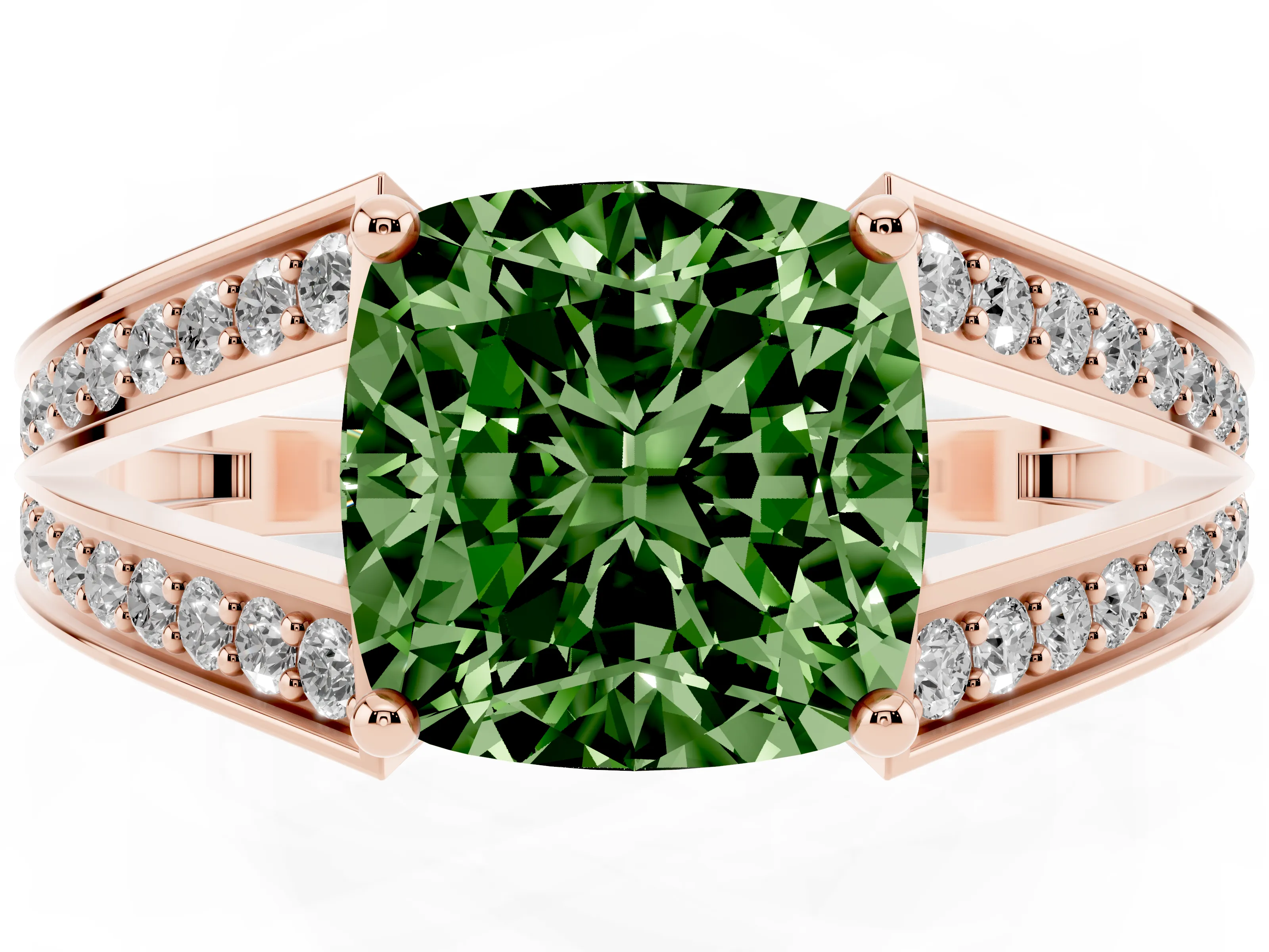 Fancy Green Cushion Cut Diamond Split Shank Ring Set in Rose gold with Pavé Band and Prong Setting