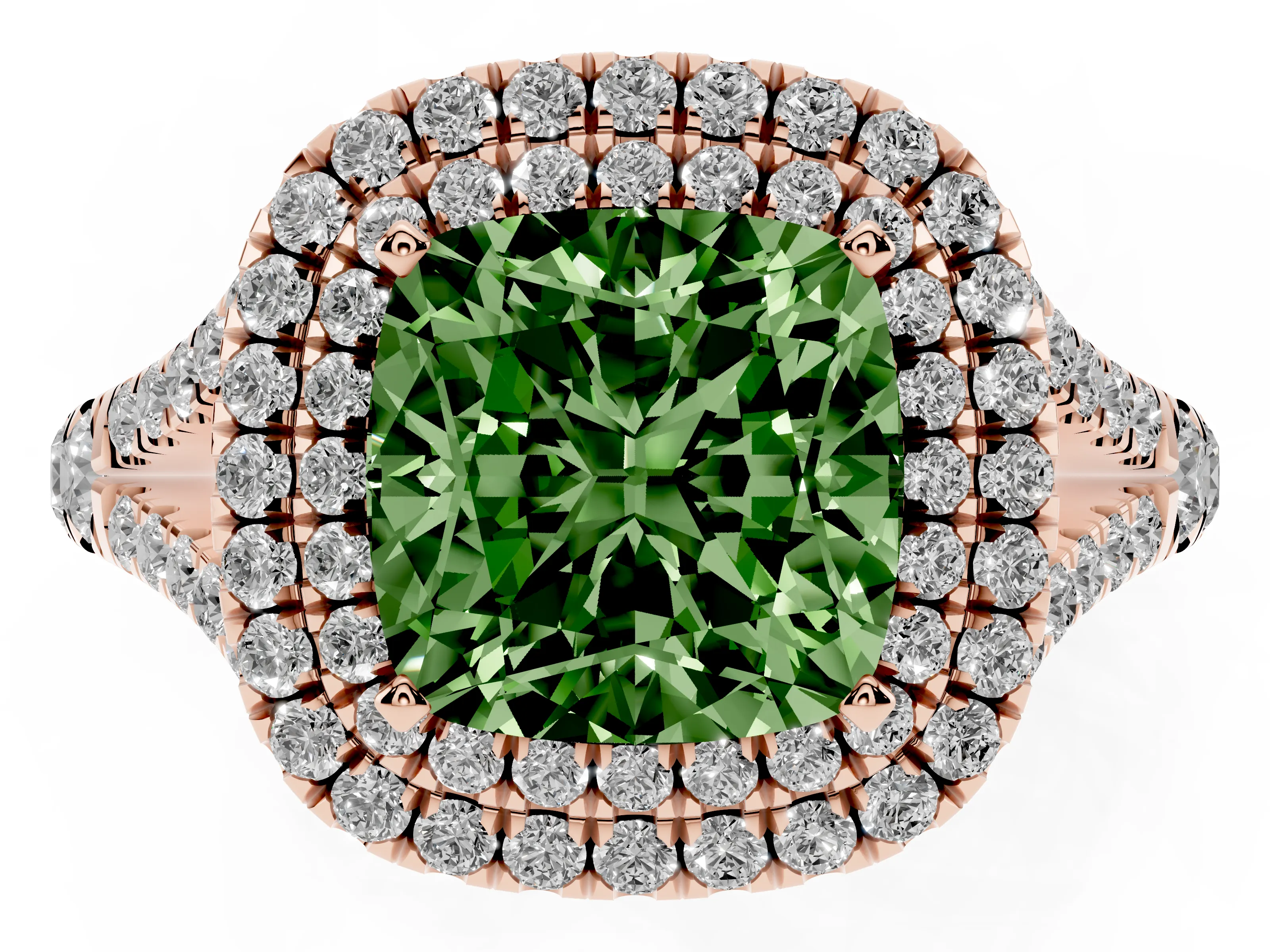Fancy Green Cushion Cut Diamond Pavé Split Shank Double Halo Engagement Ring Set in Rose gold
