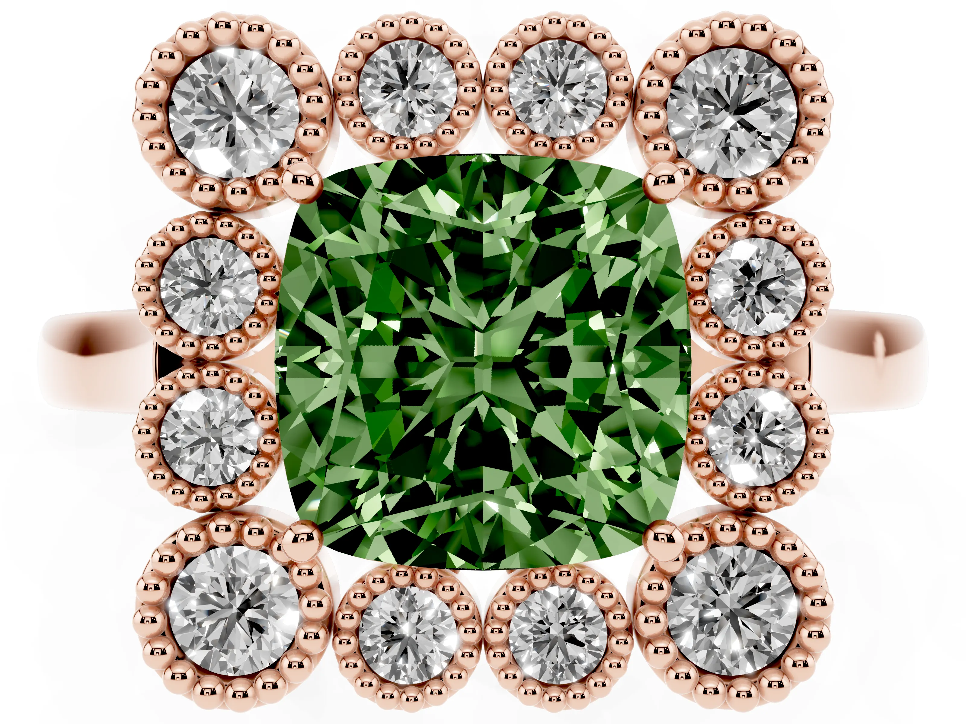 Fancy Green Cushion Cut Diamond Cluster Halo Ring Set in Rose gold with Milgrain Bezel Accents and Plain Band