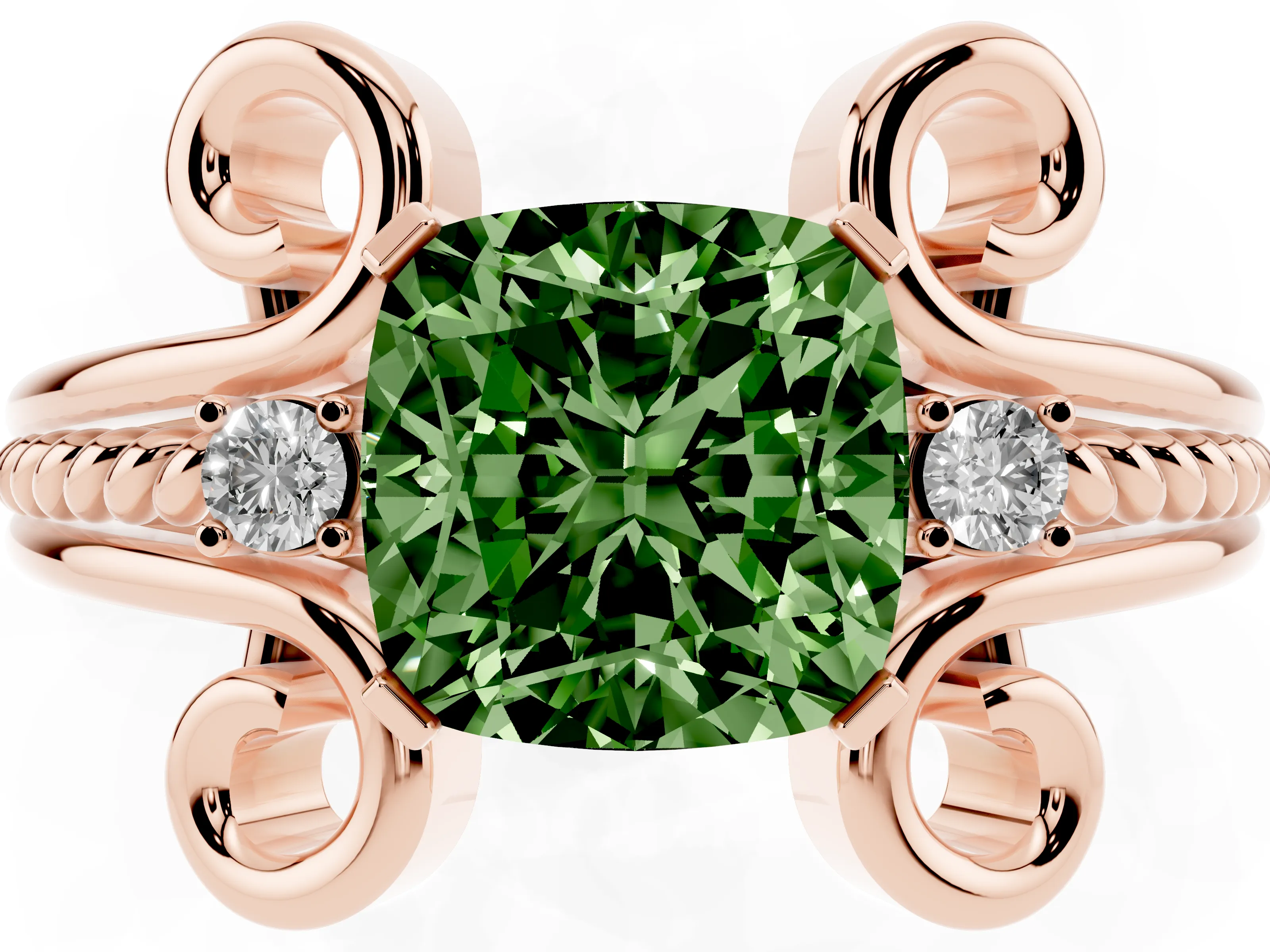 Fancy Green Cushion Cut Diamond Twisted Band Solitaire Ring Set in Rose gold with Scroll Prongs