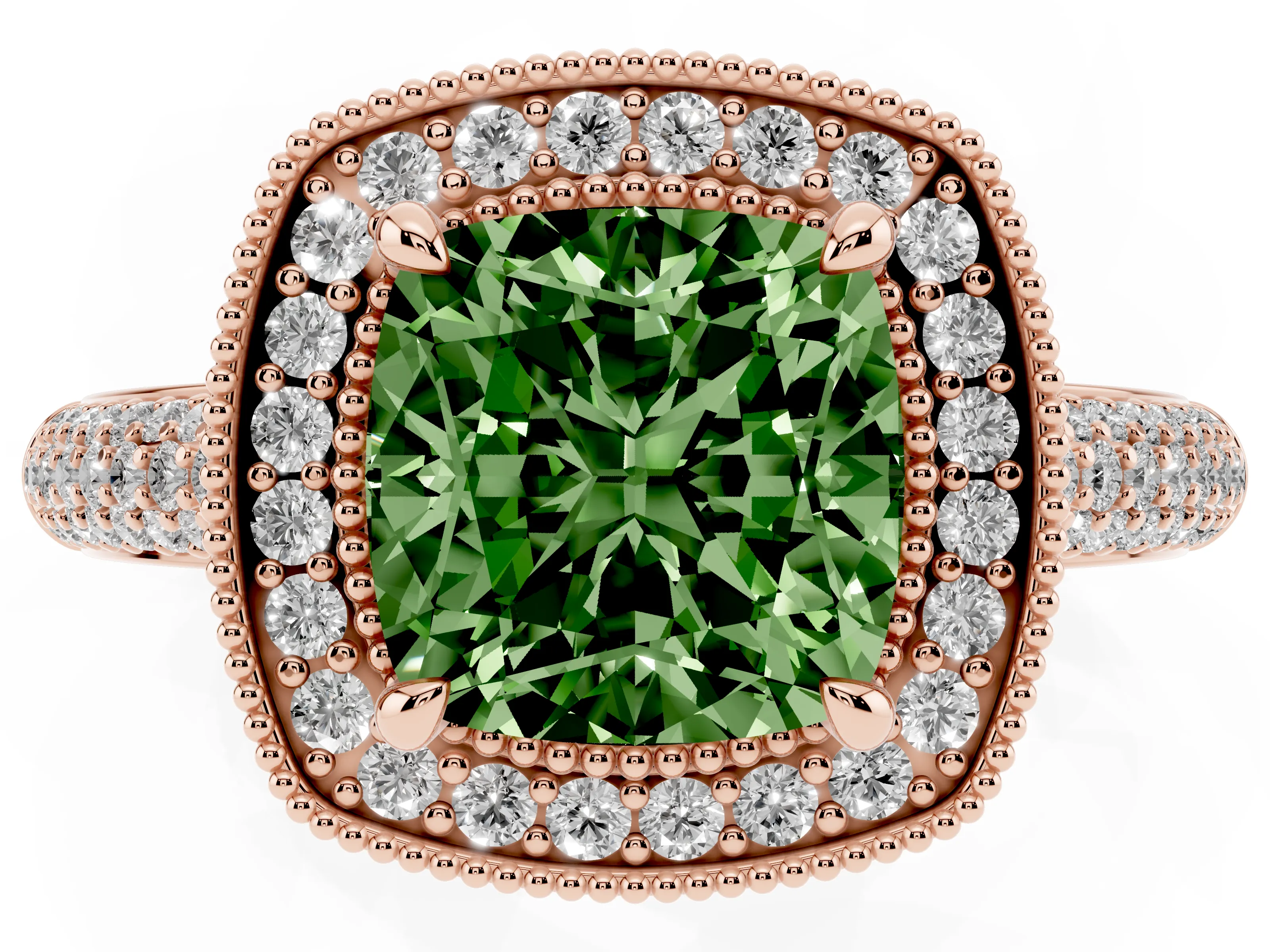 Fancy Green Cushion Cut Diamond Halo Pavé Band Set in Rose gold with Prong Setting