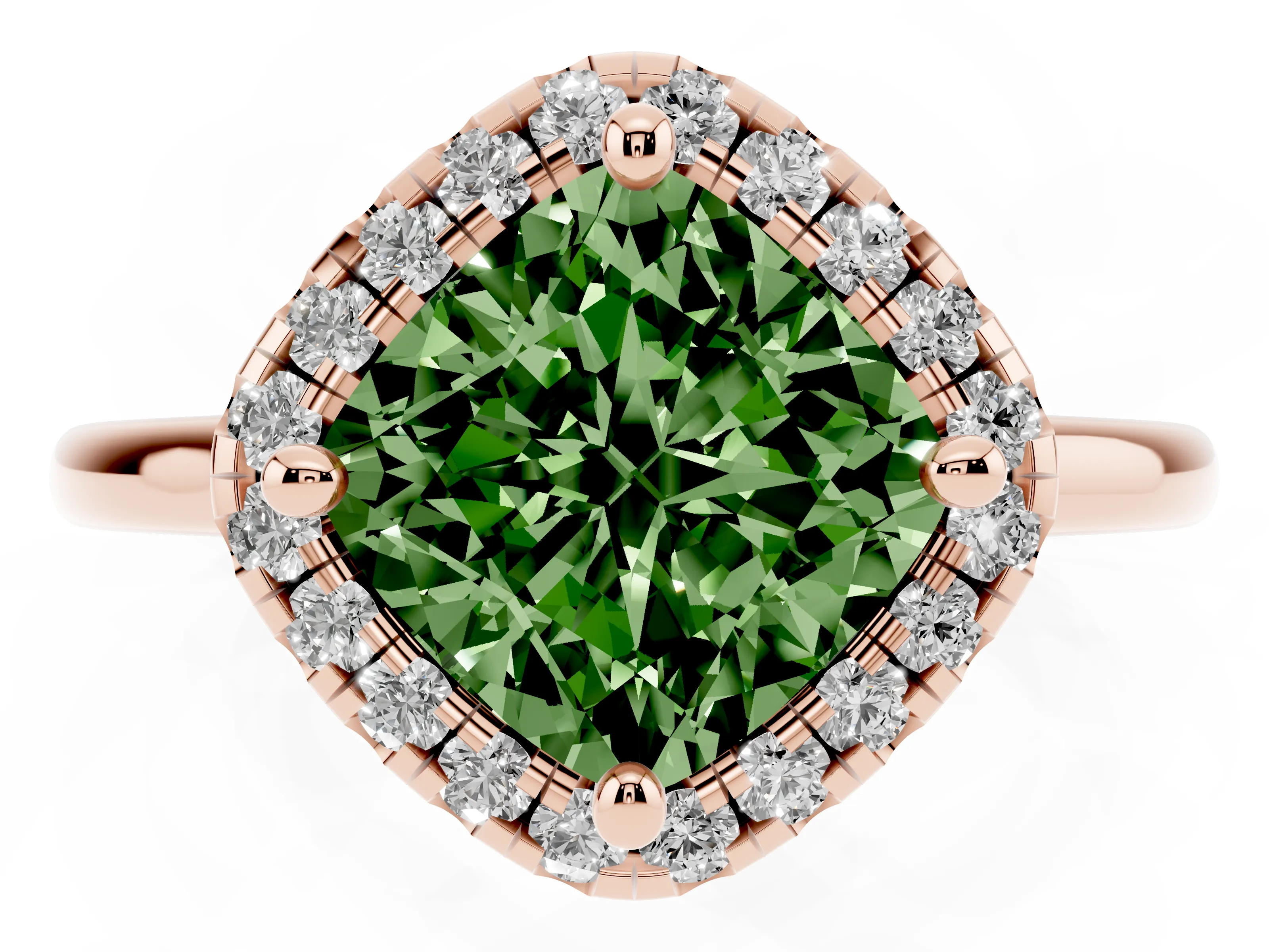 Fancy Green Cushion Cut Diamond Halo Engagement Ring Set in Rose gold with Pavé Band and Rising Shoulders