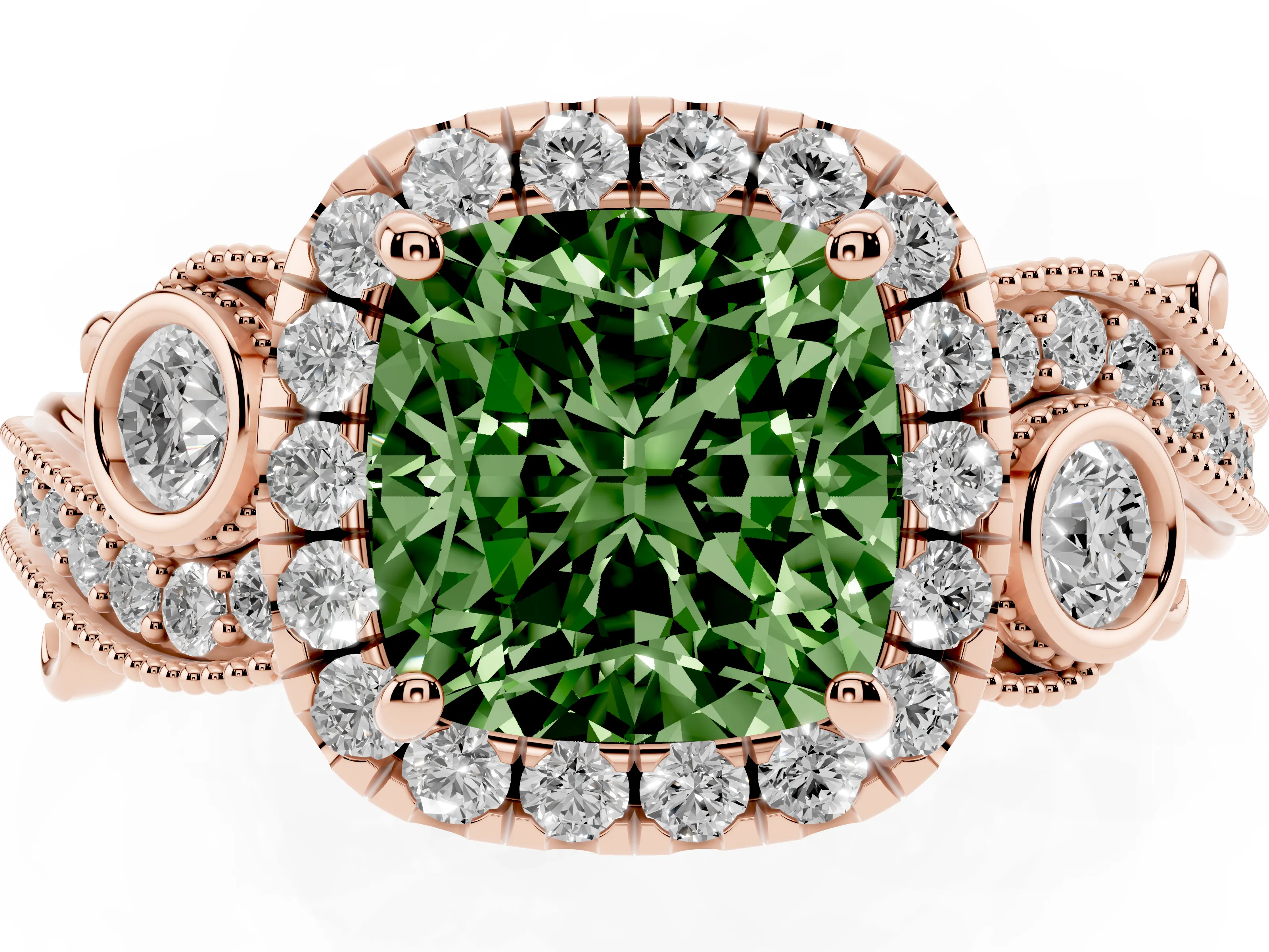 Fancy Green Cushion Cut Diamond Halo Ring Set in Rose gold with Milgrain Pavé Band and Prong Setting