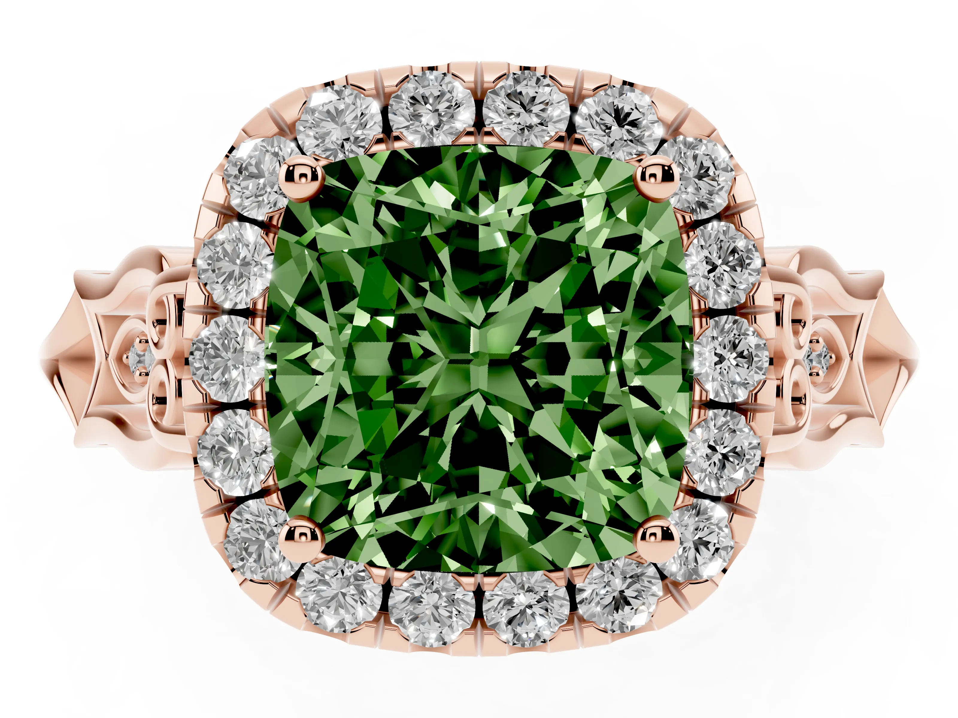 Fancy Green Cushion Cut Diamond Halo Engagement Ring Set in Rose gold with Filigree Band and Prong-Set Center