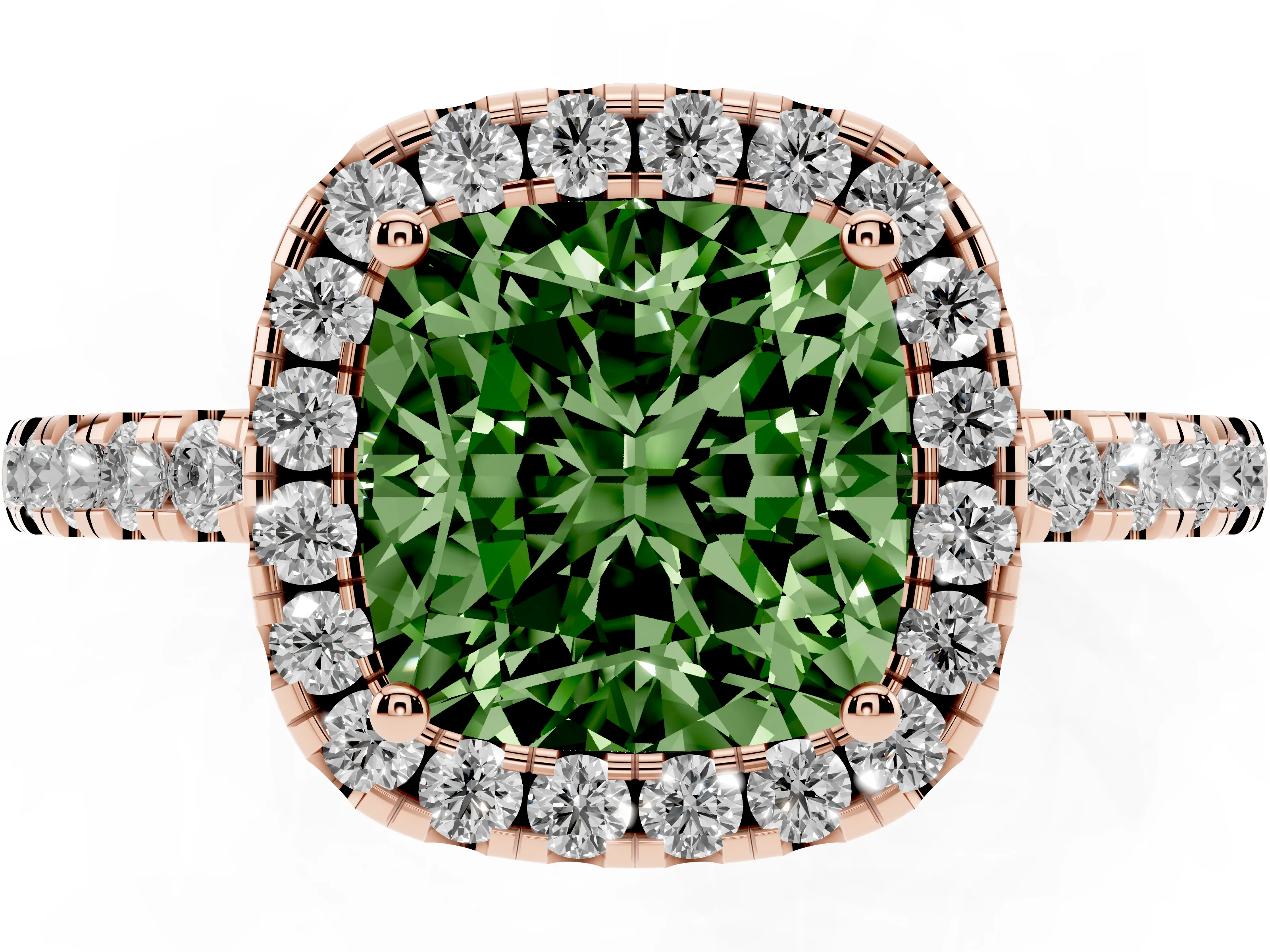 Fancy Green Cushion Cut Diamond Pavé Band Halo Engagement Ring Set in Rose gold with Prong Setting