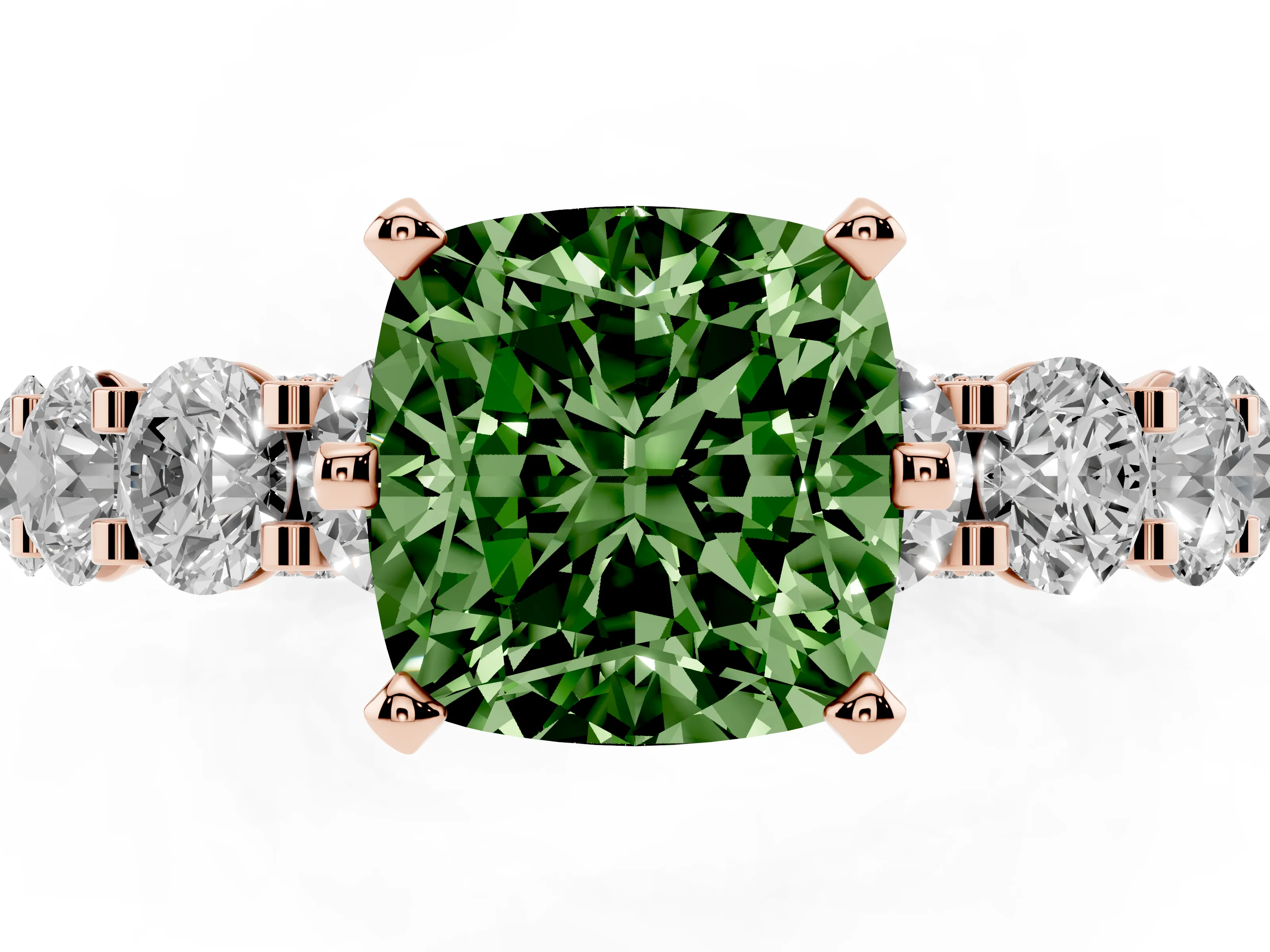 Fancy Green Cushion Cut Diamond Side Stone Ring Set in Rose gold with Alternating Round and Oval Side Stones