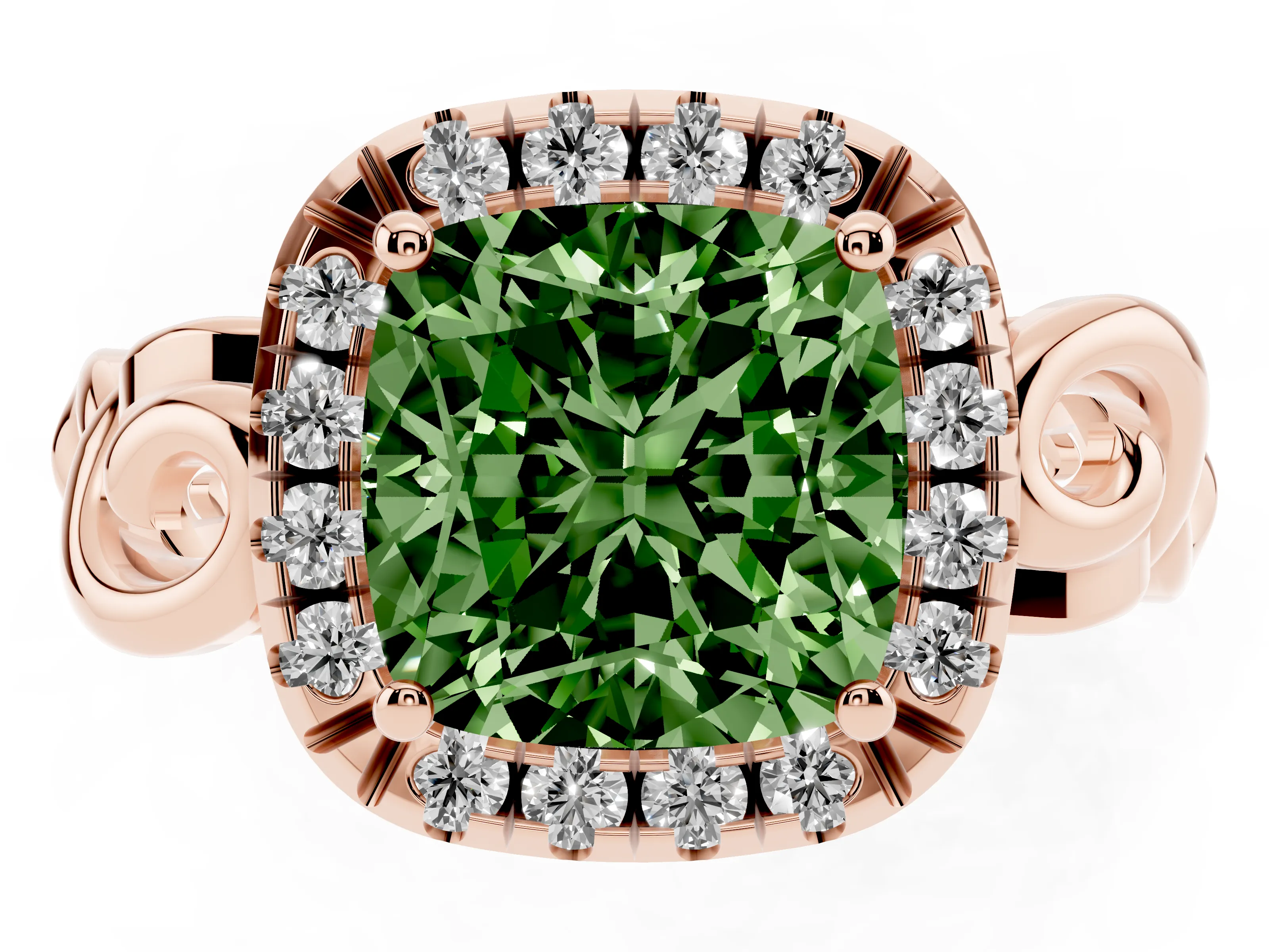 Fancy Green Cushion Cut Diamond Halo Ring Set in Rose gold with Scrollwork Band and Prong Setting