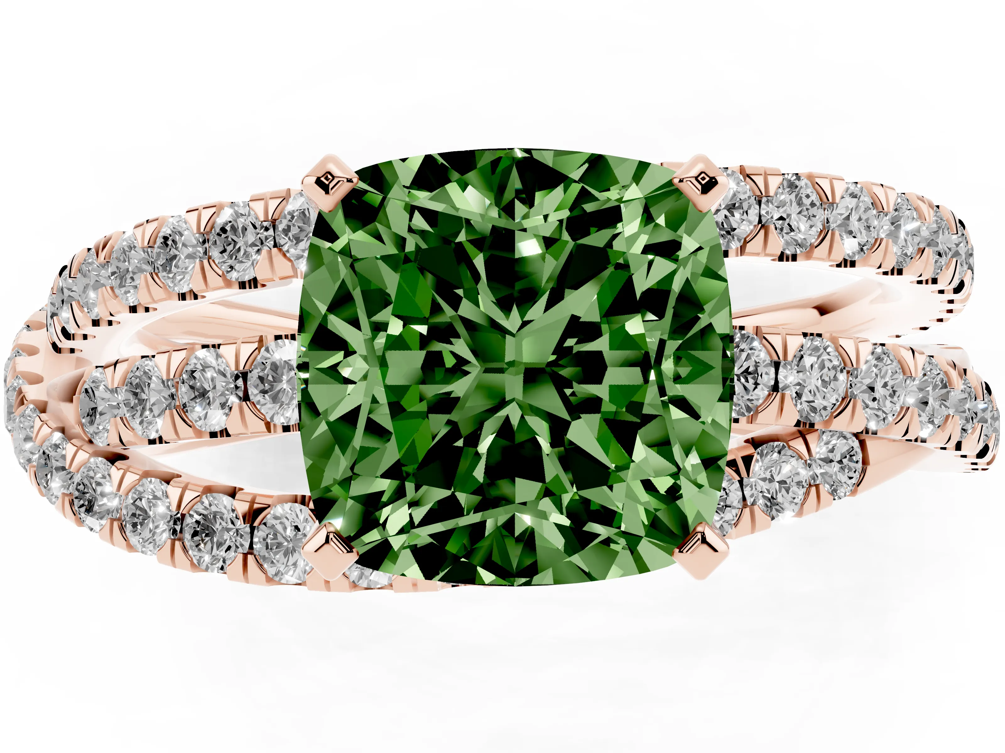 Fancy Green Cushion Cut Diamond Solitaire Twist Band Ring Set in Rose gold with Pavé Setting and Prong Head