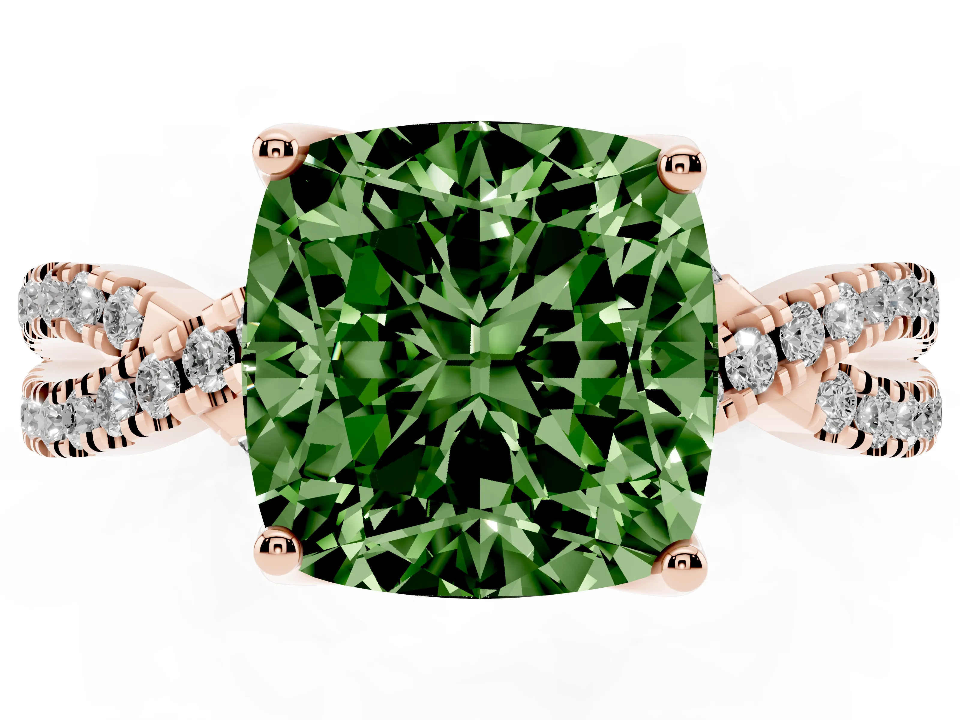 Fancy Green Cushion Cut Diamond Twist Pavé Solitaire Engagement Ring Set in Rose gold with Prong Setting