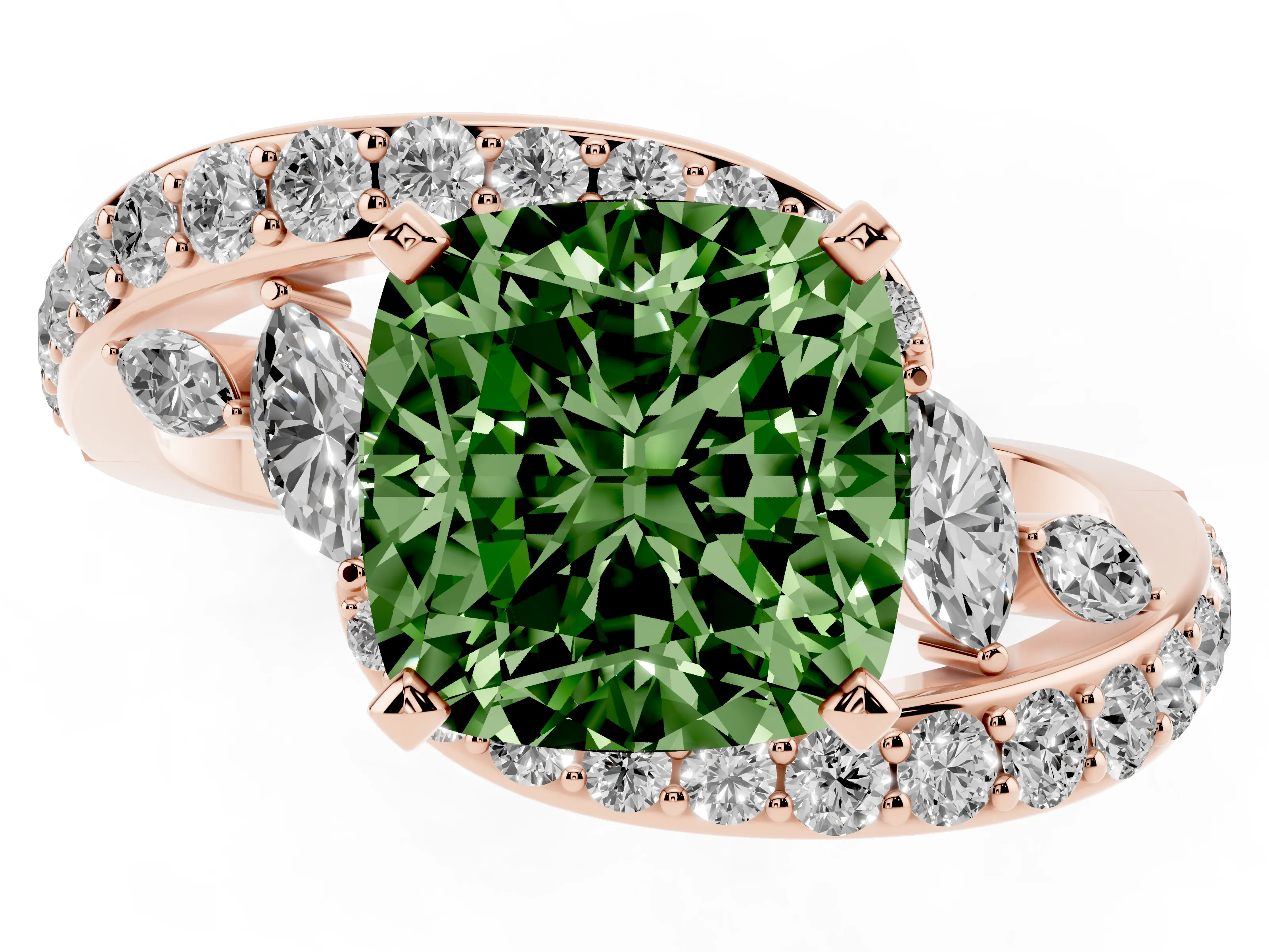 Fancy Green Cushion Cut Diamond Solitaire Ring Set in Rose gold with Filigree Band and Prong Setting