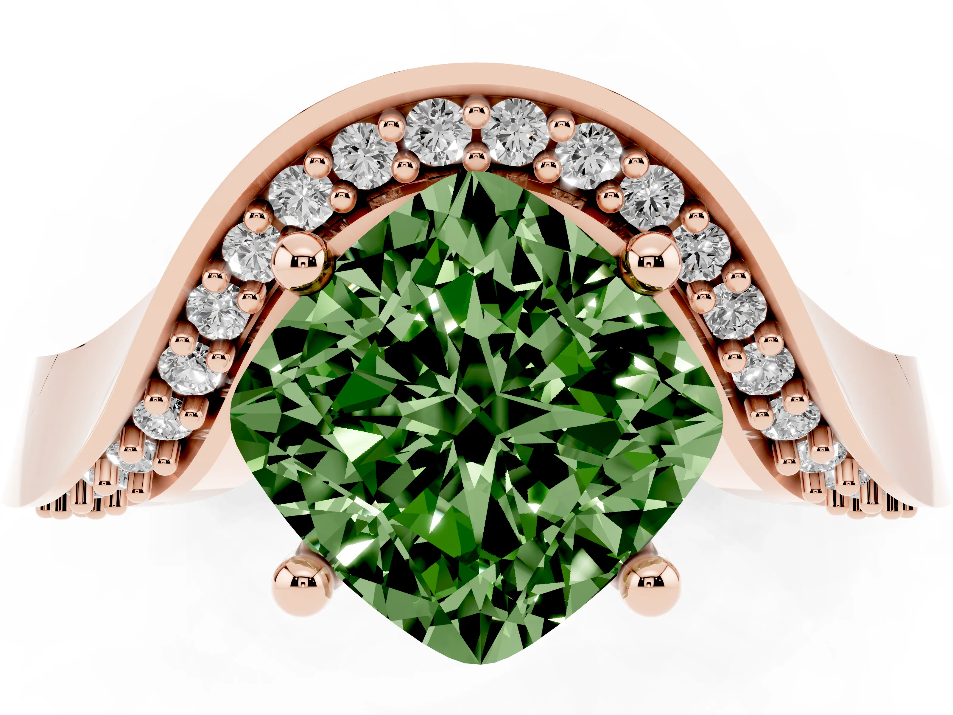 Fancy Green Cushion Cut Diamond Solitaire Engagement Ring Set in Rose gold with Pavé Shoulders