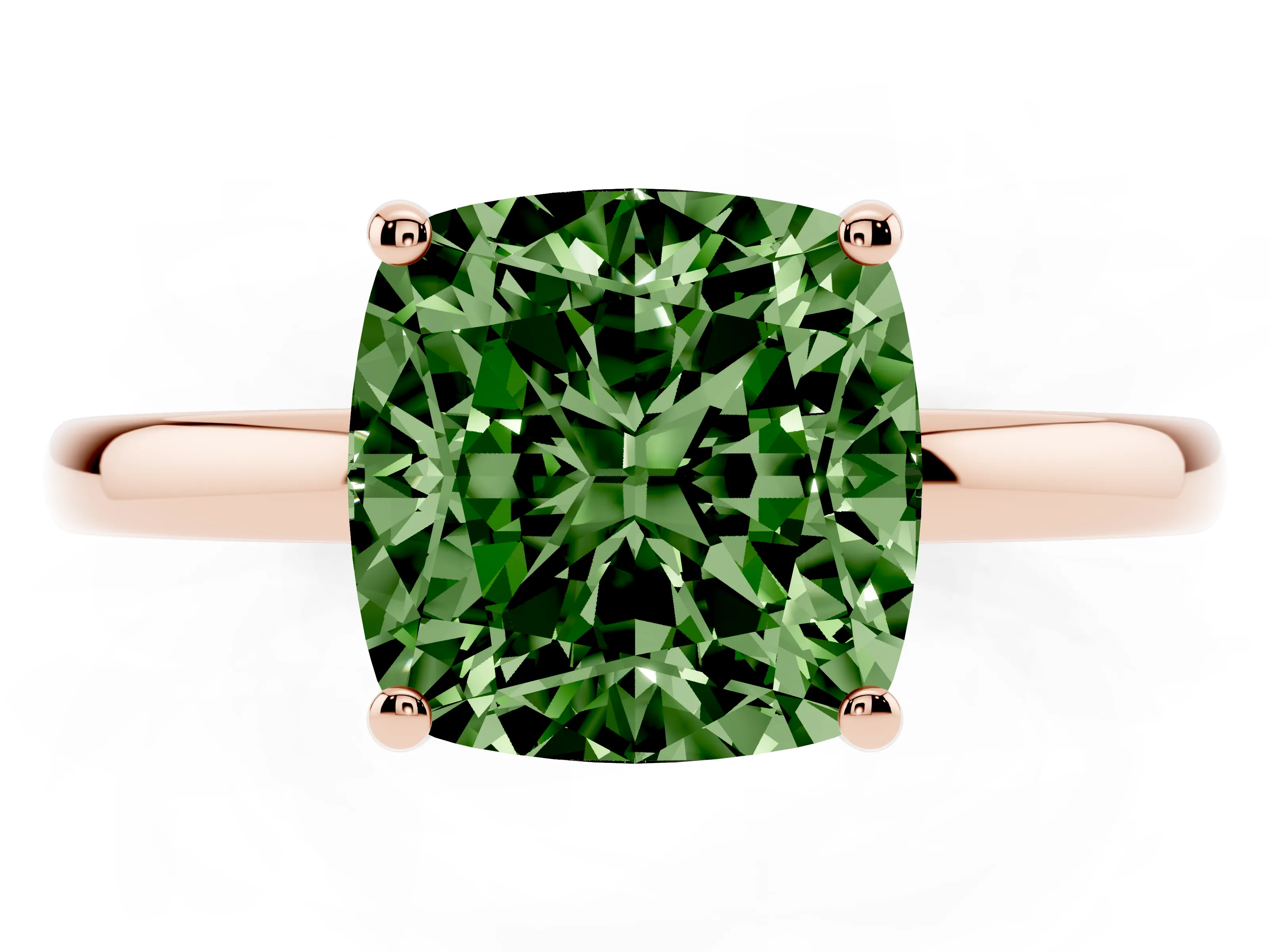Fancy Green Cushion Cut Diamond Solitaire Ring Set in Rose gold with Plain Band and Prong Setting