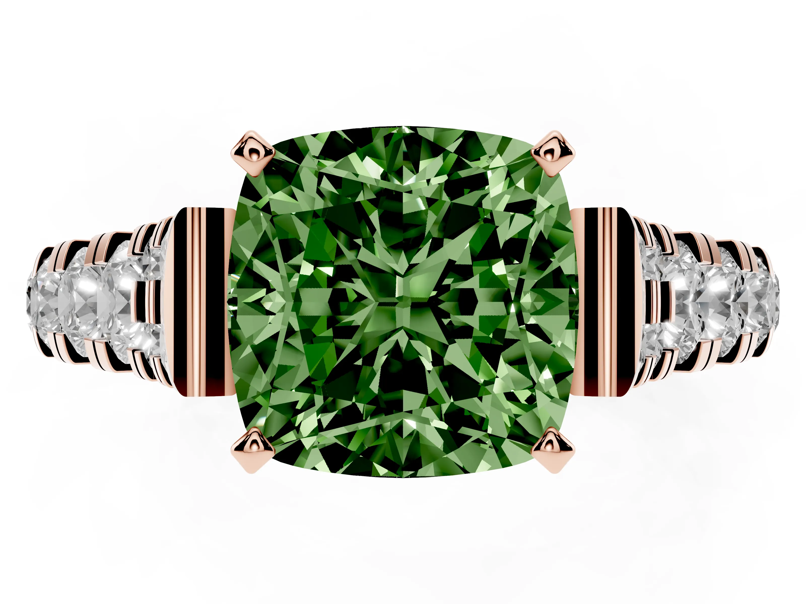 Fancy Green Cushion Cut Diamond Classic Solitaire Ring Set in Rose gold with Pavé Band and Prong Setting