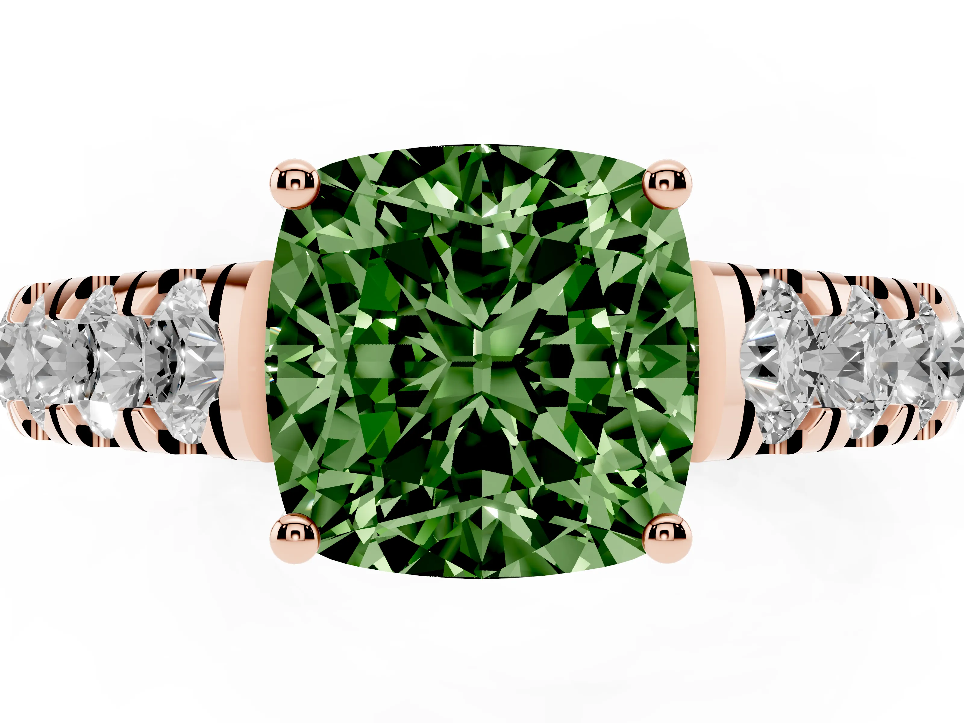 Fancy Green Cushion Cut Diamond Solitaire Ring Set in Rose gold with Cut-Down Micro Pavé Band and Prong Setting