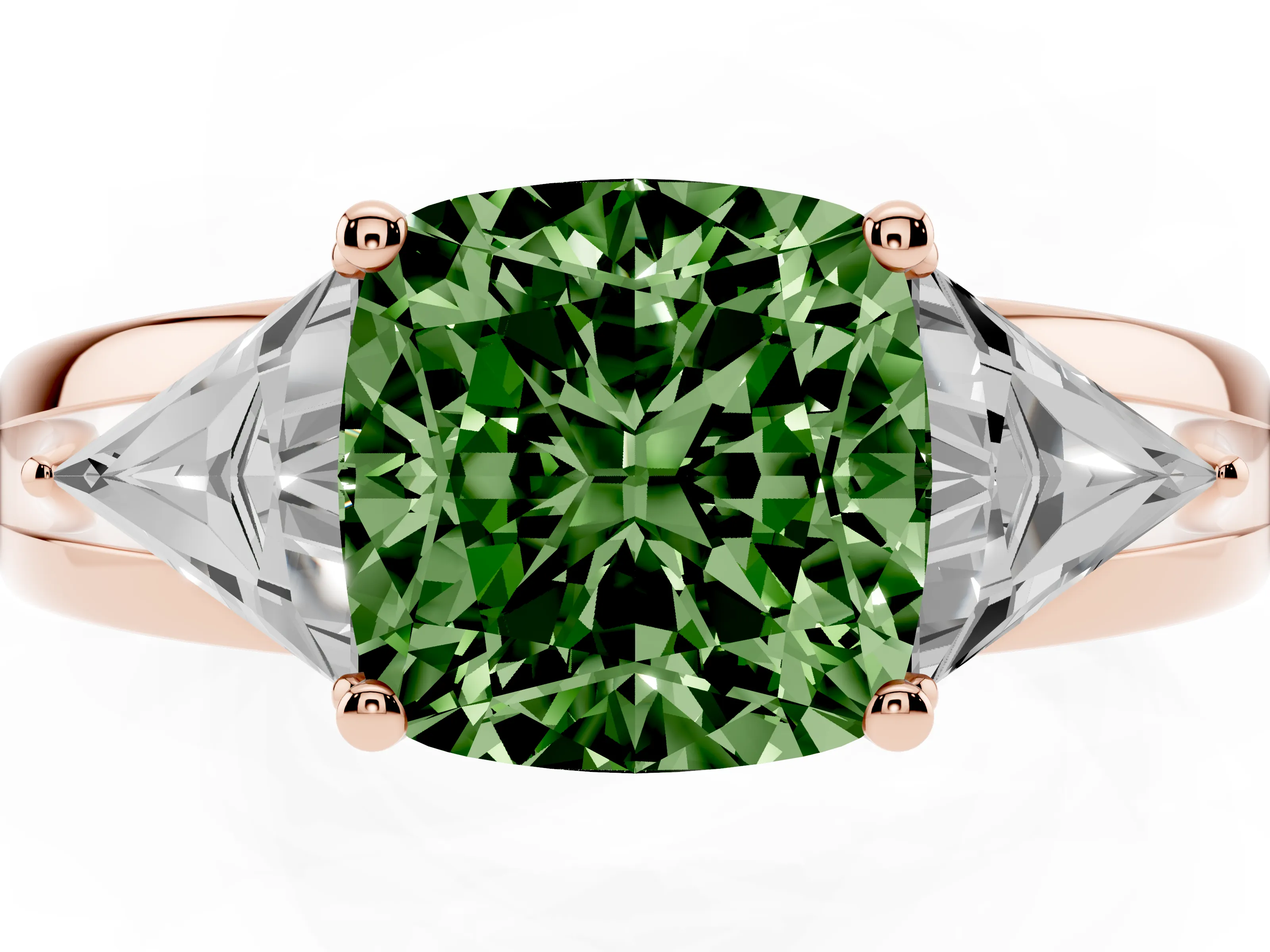 Fancy Green Cushion Cut Diamond Three-Stone Ring Set in Rose gold with Trillion Side Stones and Split Shank