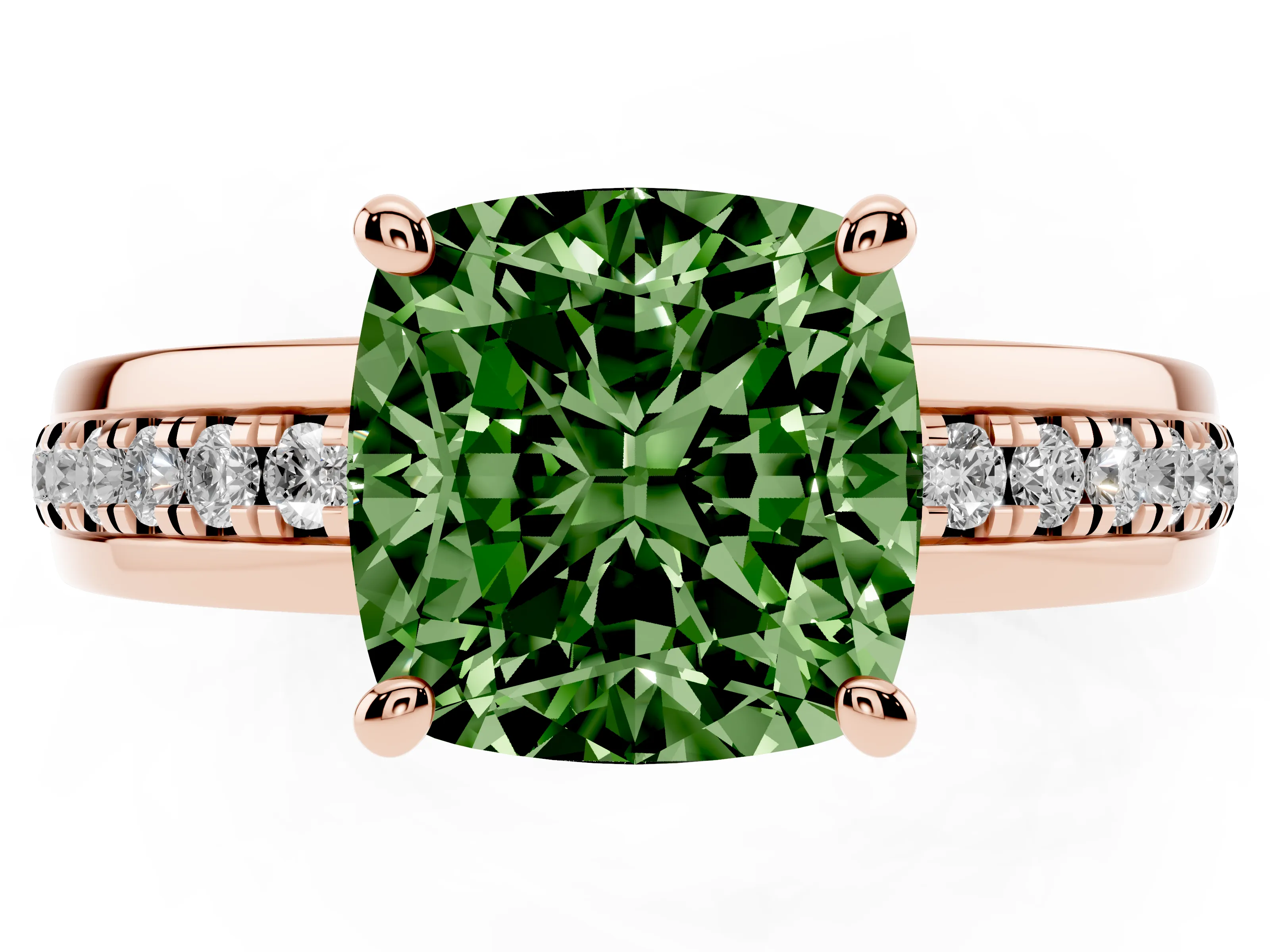 Fancy Green Cushion Cut Diamond Solitaire Ring Set in Rose gold with Channel Set Band and Prong Setting