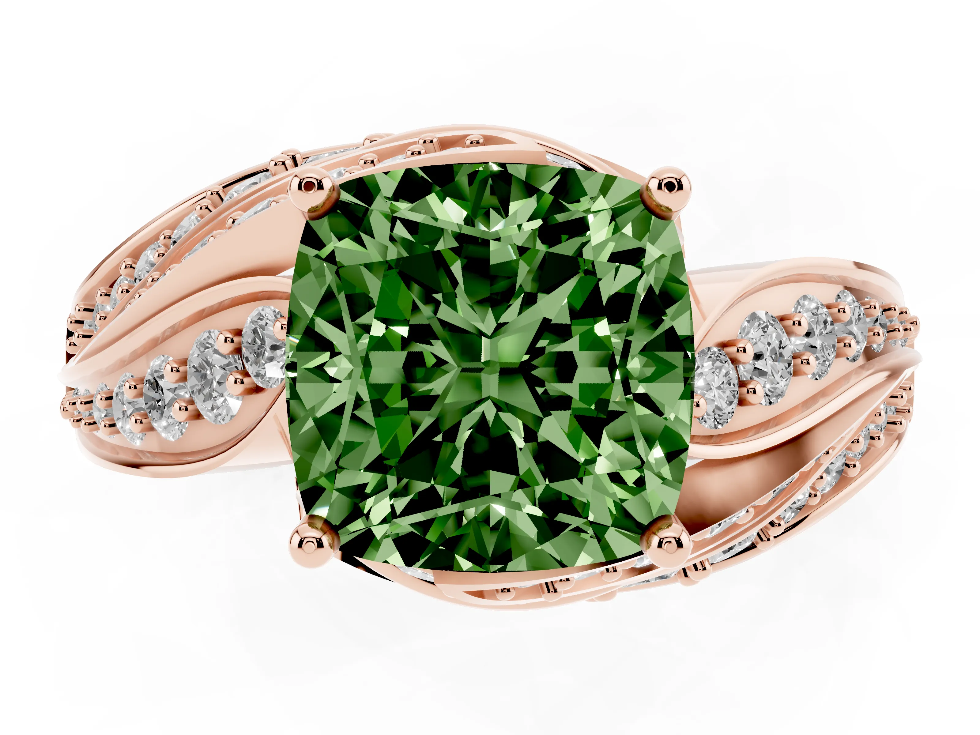 Fancy Green Cushion Cut Diamond Solitaire Ring Set in Rose gold with Layered Twist Pavé Band