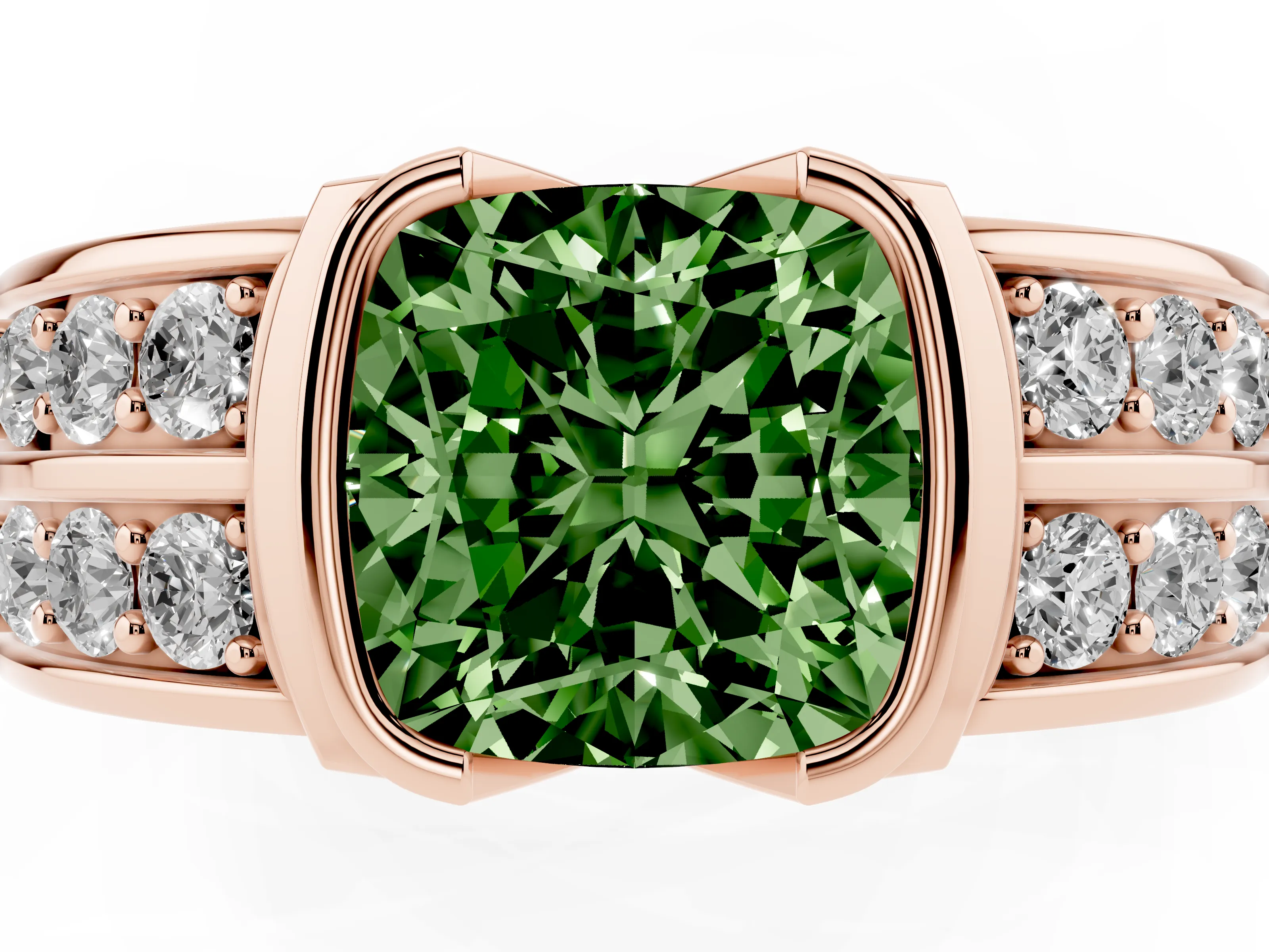 Fancy Green Cushion Cut Diamond Wide Channel Set Band Ring Set in Rose gold with Bezel Setting