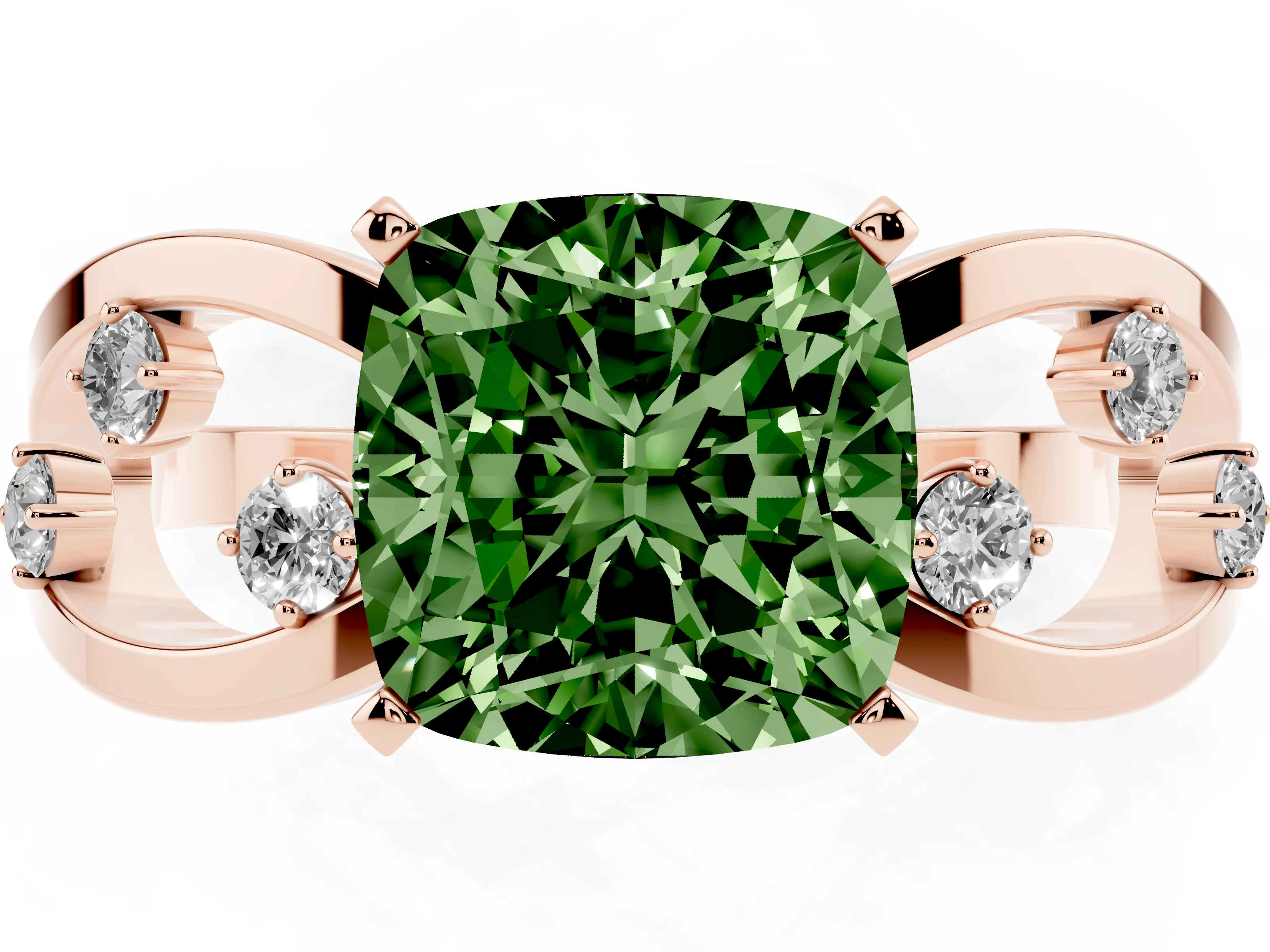 Fancy Green Cushion Cut Diamond Solitaire Ring Set in Rose gold with Side Stones on Criss-Cross Band and Prong Setting