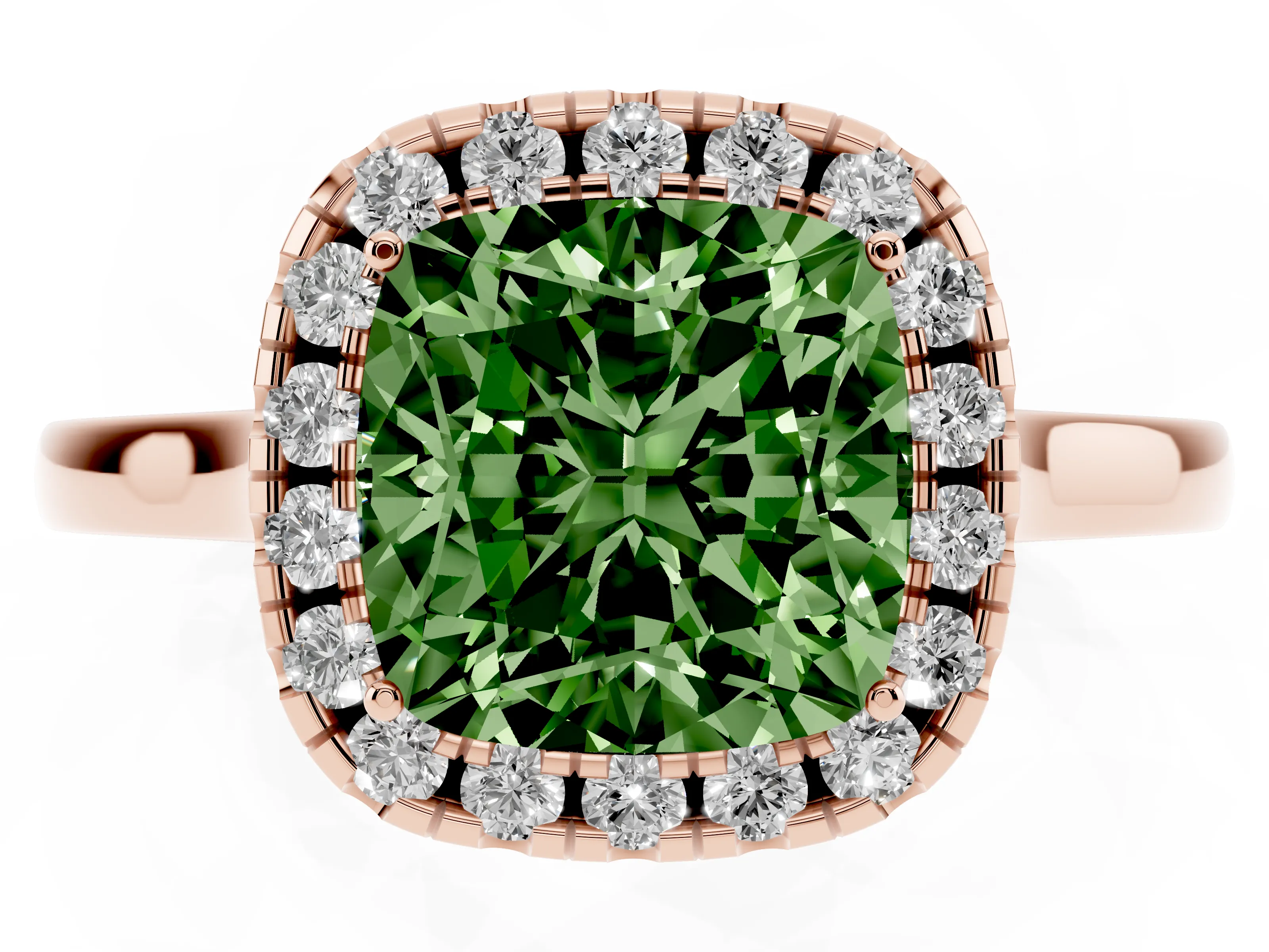 Fancy Green Cushion Cut Halo Round Diamond Solitaire Ring Set in Rose gold with Pavé Band and Prong Setting