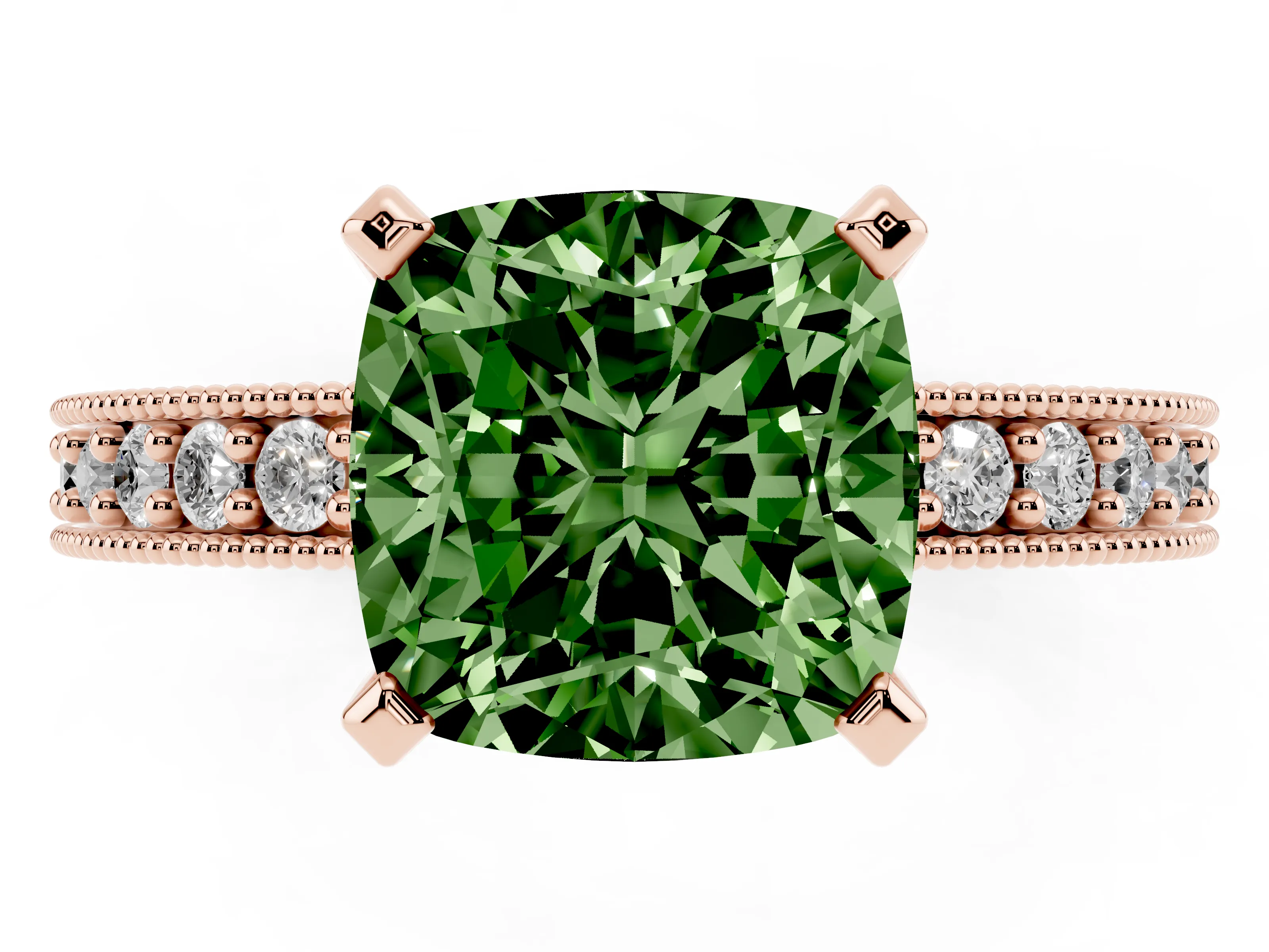 Fancy Green Cushion Cut Diamond Milgrain Pavé Engagement Ring Set in Rose gold with Prong Setting