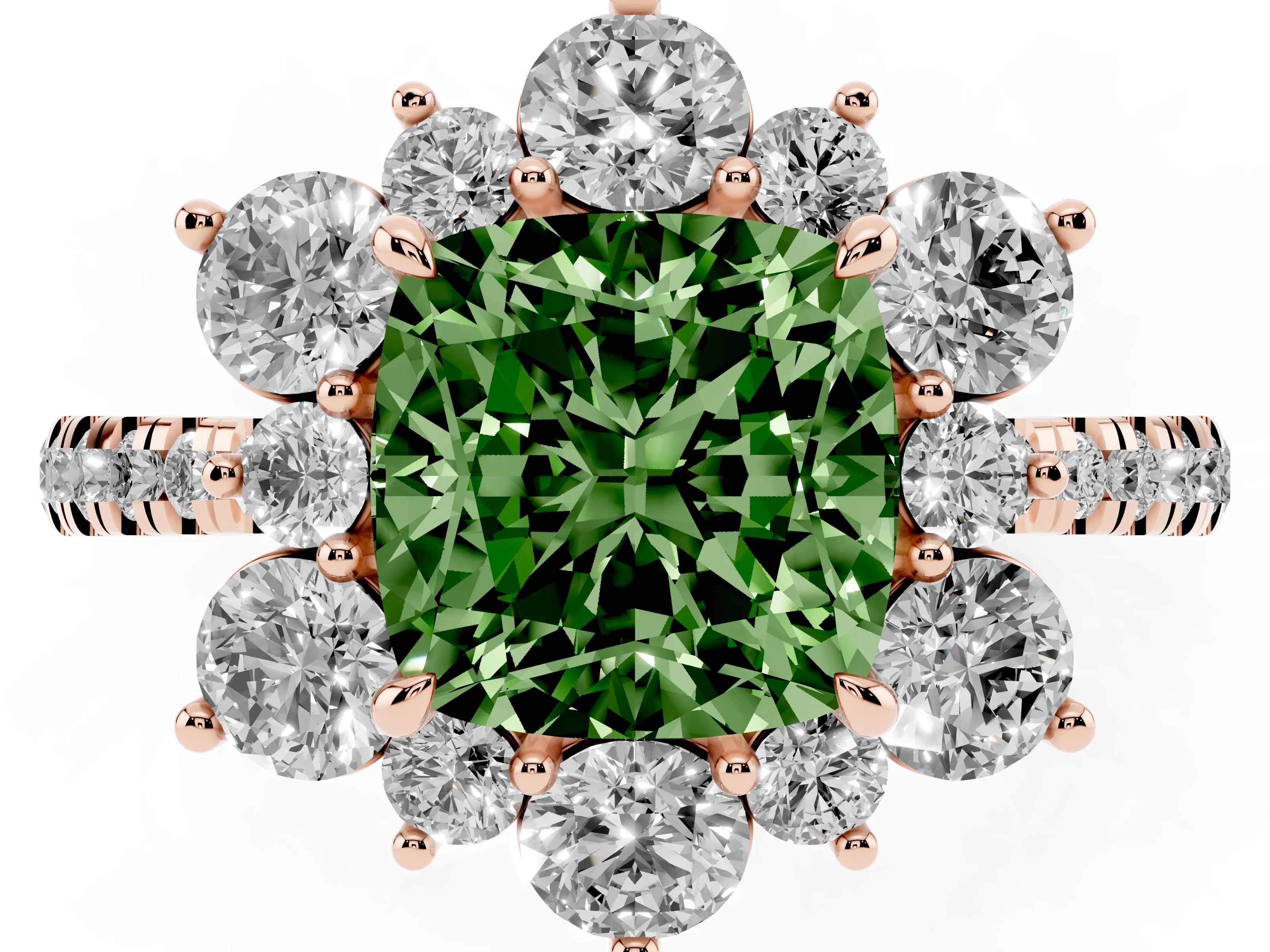 Fancy Green Cushion Cut Diamond Floral Halo Ring Set in Rose gold with Round Pavé Band and Prong Setting